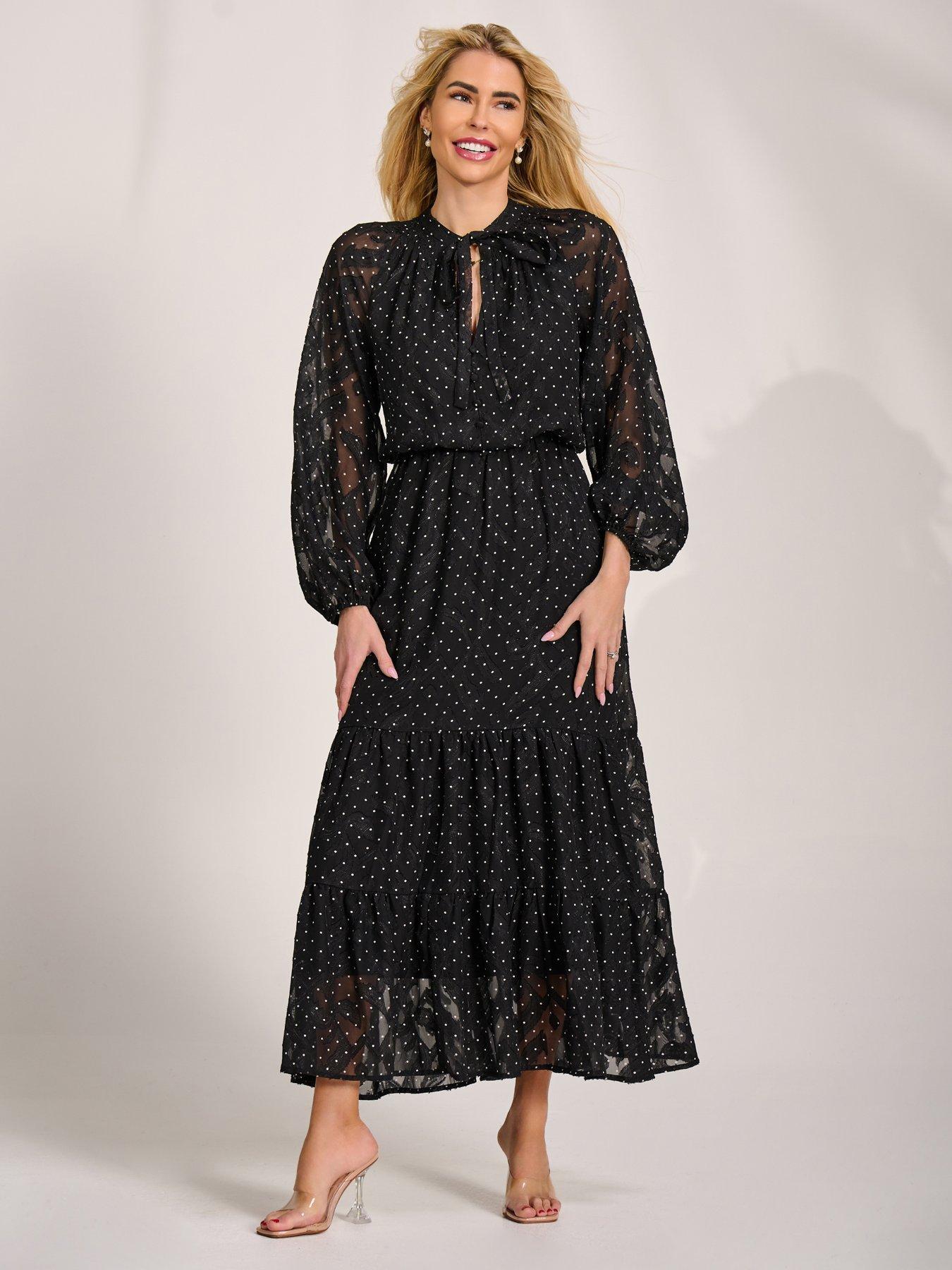Image 7 of 7 of Jolie Moi Textured Chiffon Long Sleeve Maxi Dress - Black