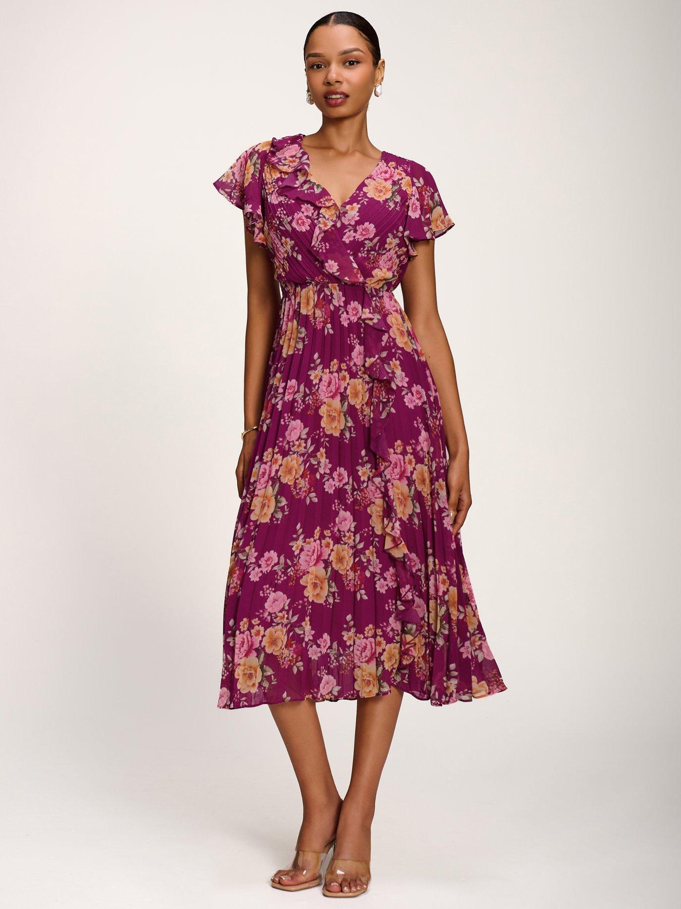 Jolie Moi Printed Ruffle Detail Pleated Chiffon Midi Dress - Pink