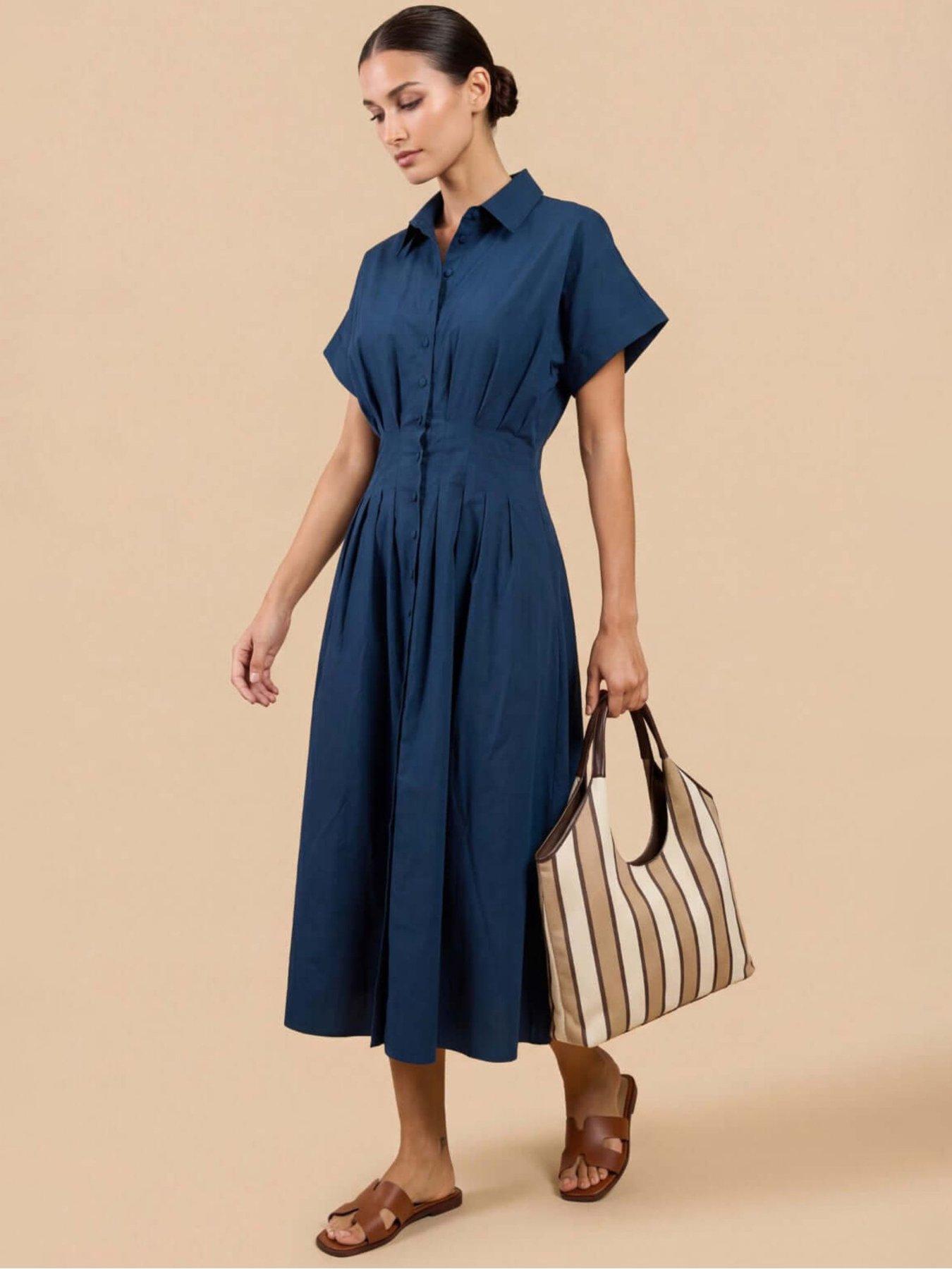 Little Mistress Blue Cotton Linen Button-Down Midi Dress