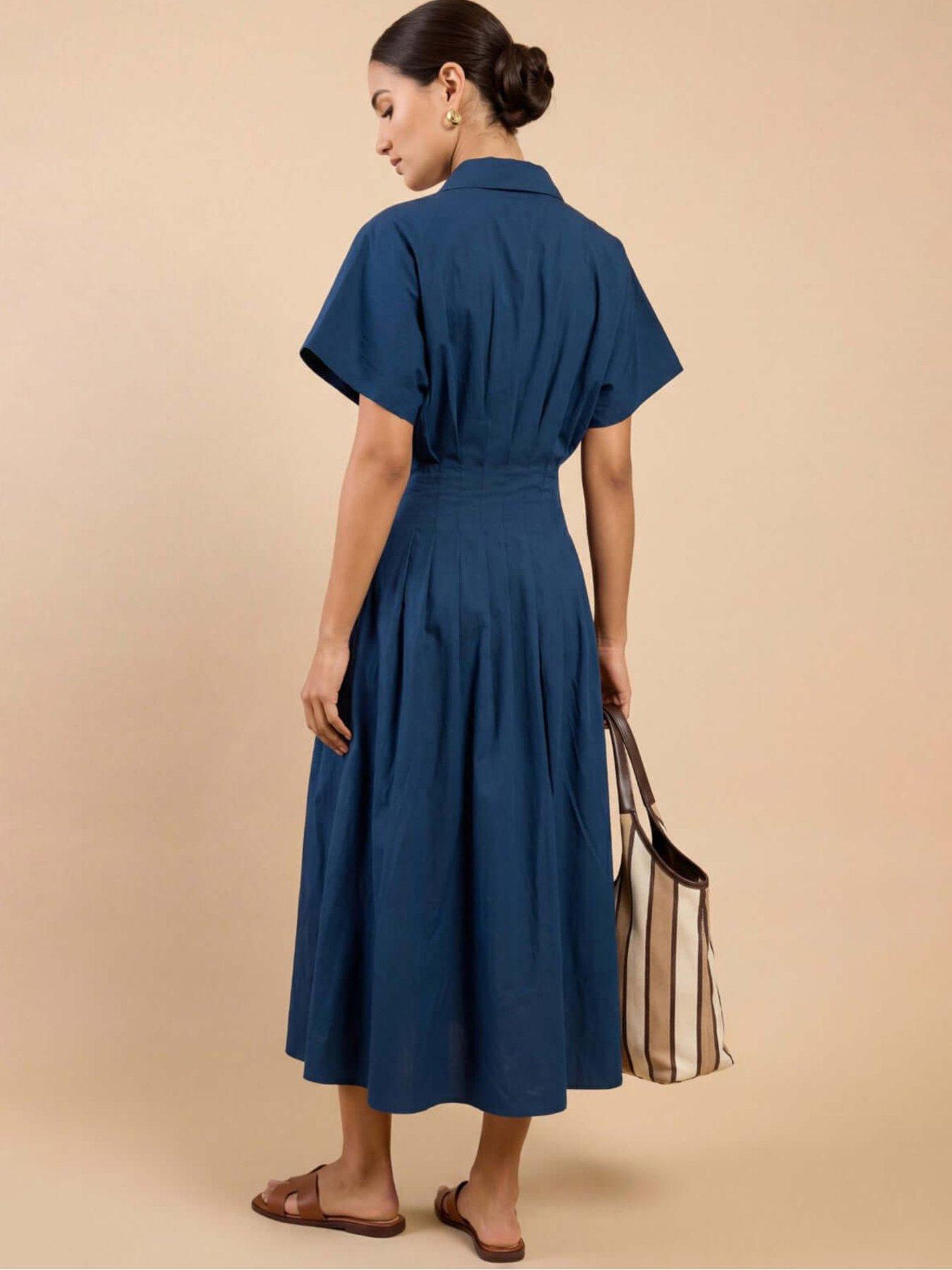 Image 2 of 3 of Little Mistress Blue Cotton Linen Button-Down Midi Dress