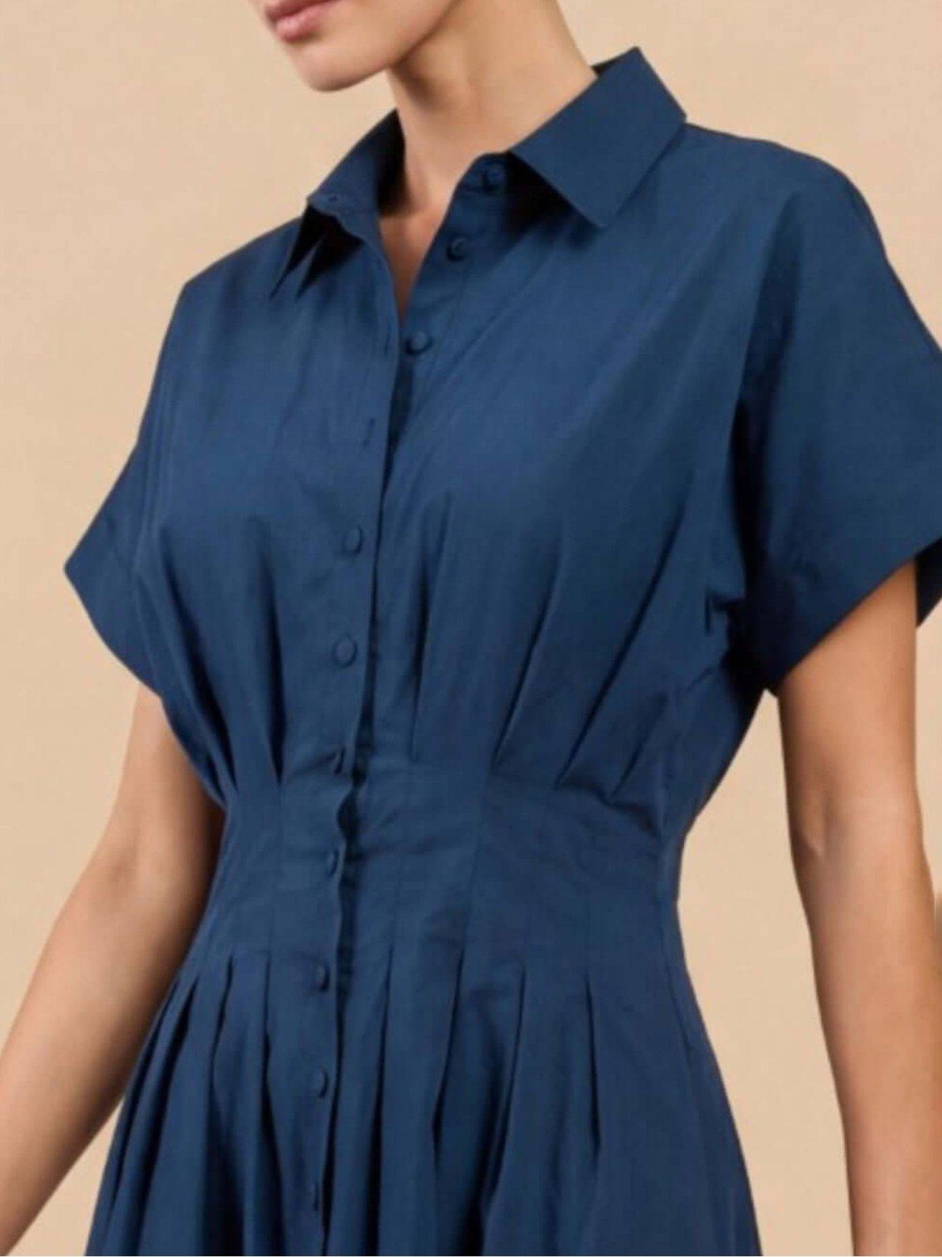 Image 3 of 3 of Little Mistress Blue Cotton Linen Button-Down Midi Dress
