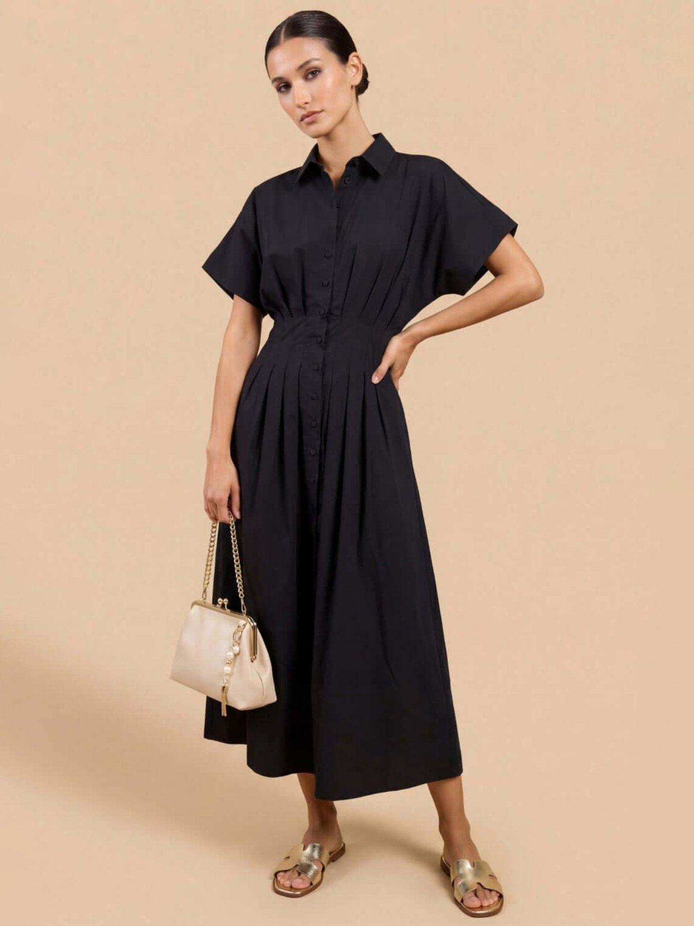 Little Mistress Black Cotton Linen Button-Down Midi Dress
