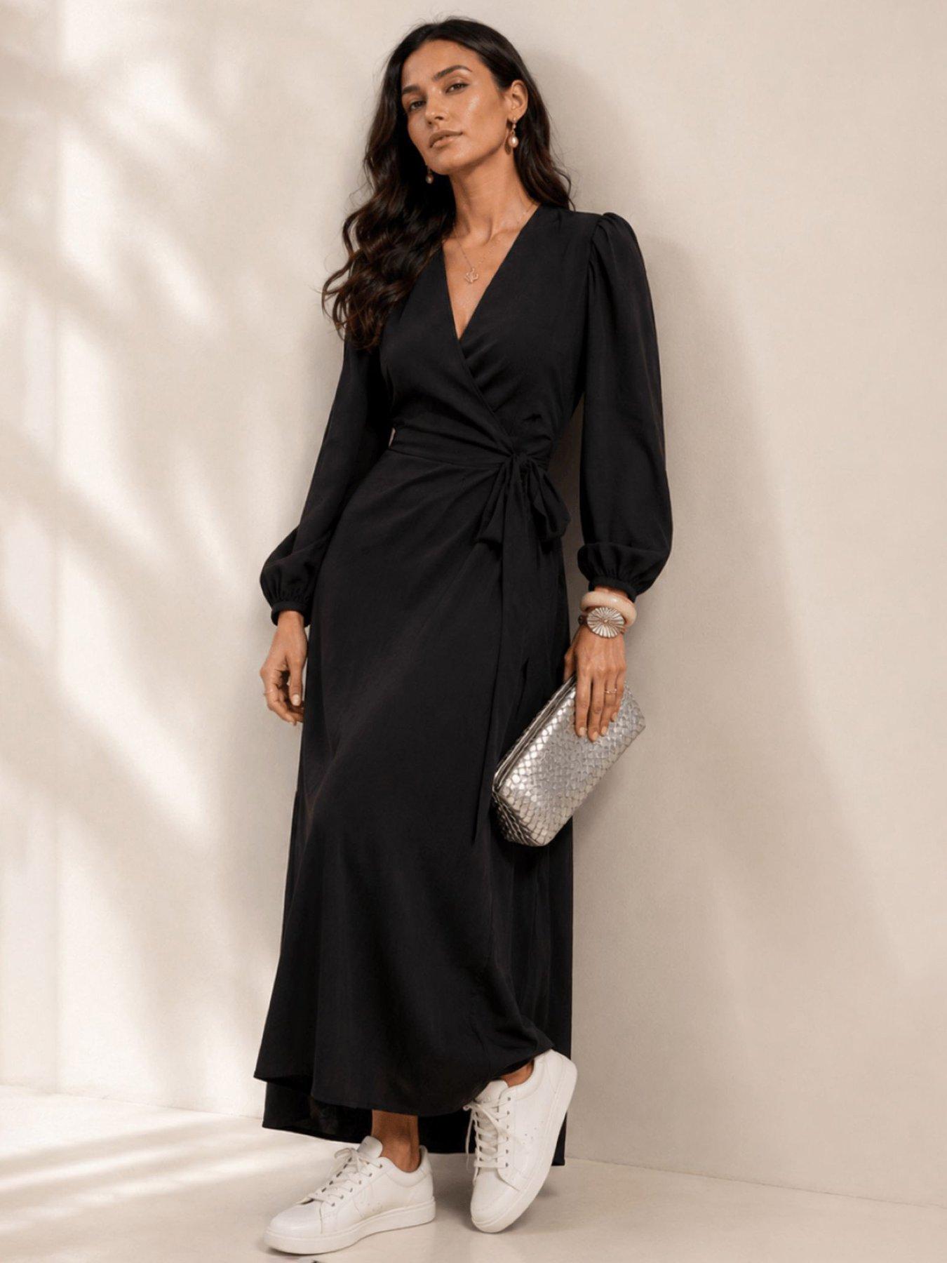 Little Mistress Black Long Sleeve Wrap Midi Dress