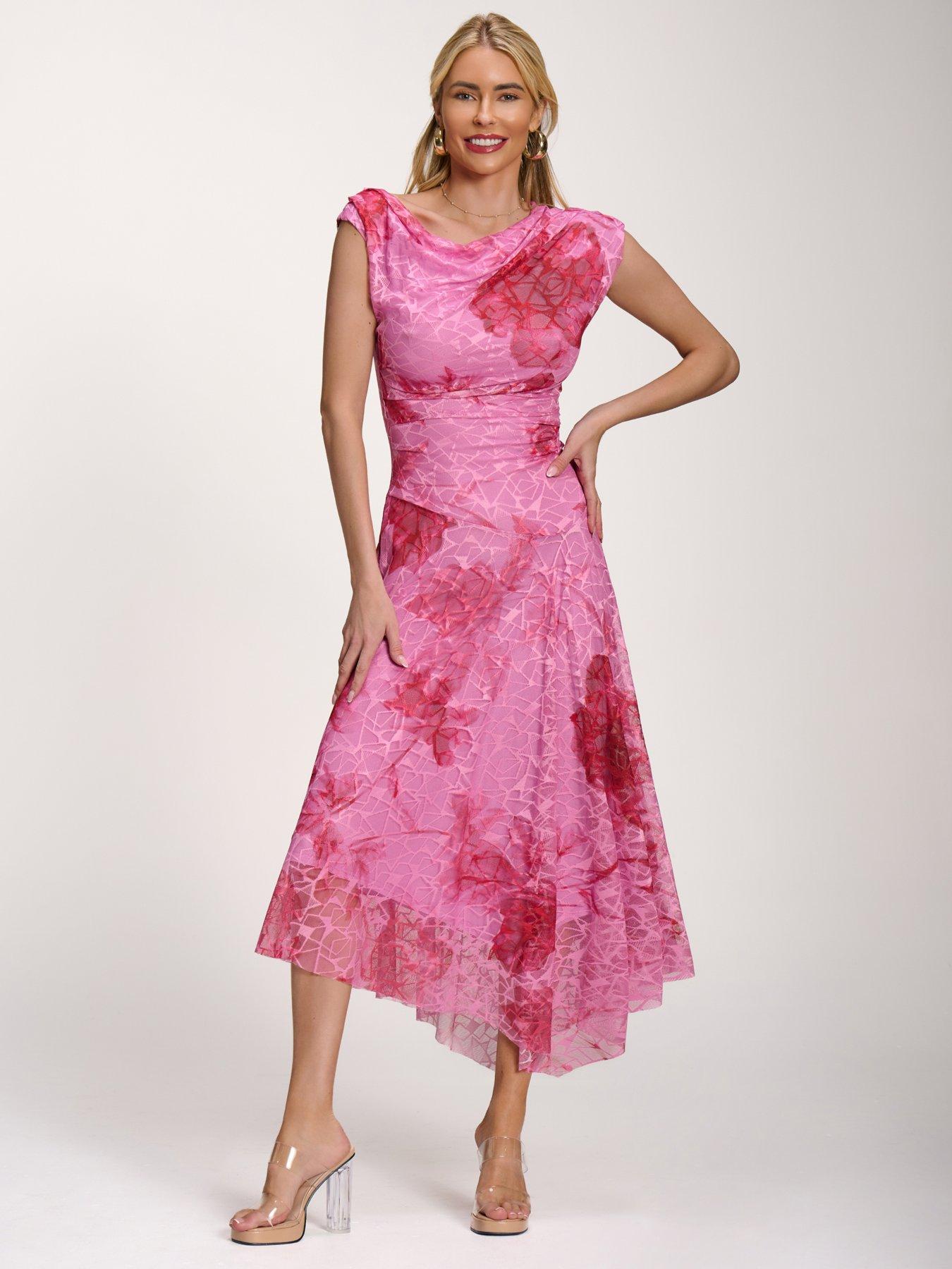 Jolie Moi Asymmetric Draped Print Lace Maxi Dress - Pink