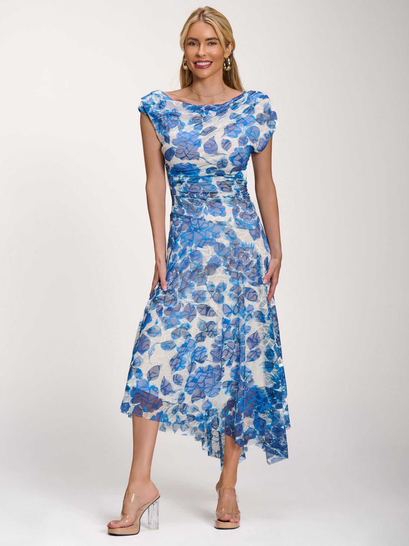 Jolie Moi Asymmetric Draped Print Lace Maxi Dress - Blue