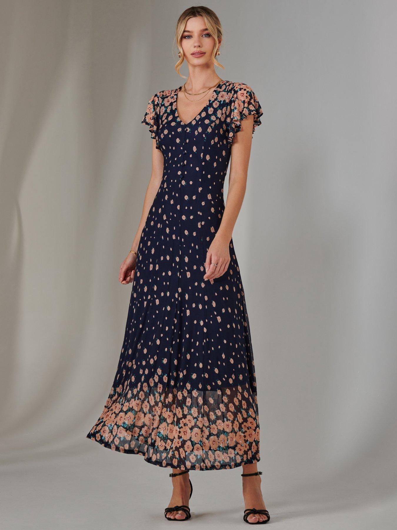 Jolie Moi Gina Mirrored Print Mesh Maxi Dress - Navy