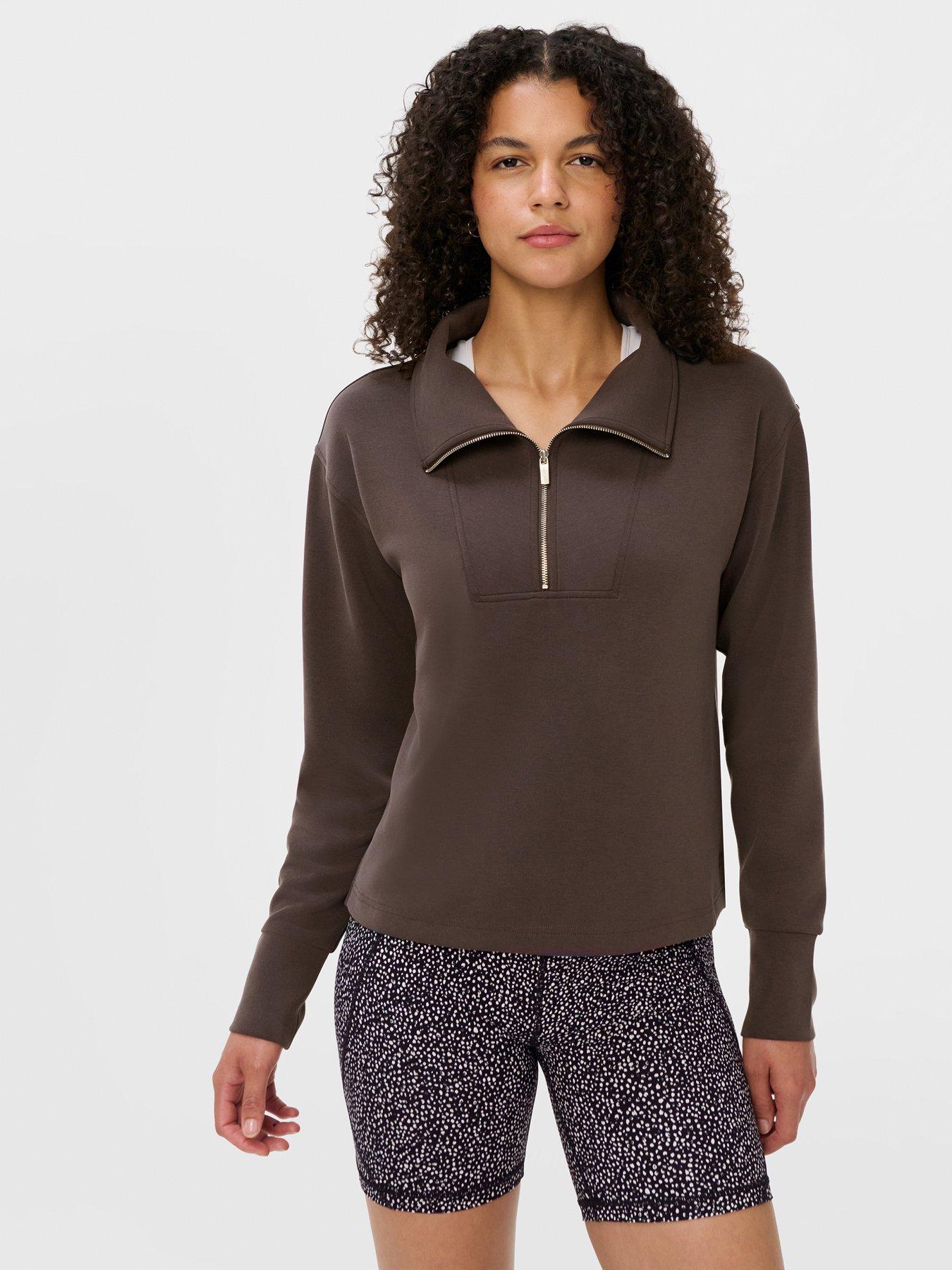 Image 1 of 5 of Sweaty Betty Sand Wash Half Zip Longline Sweatshirt - Espresso Brown