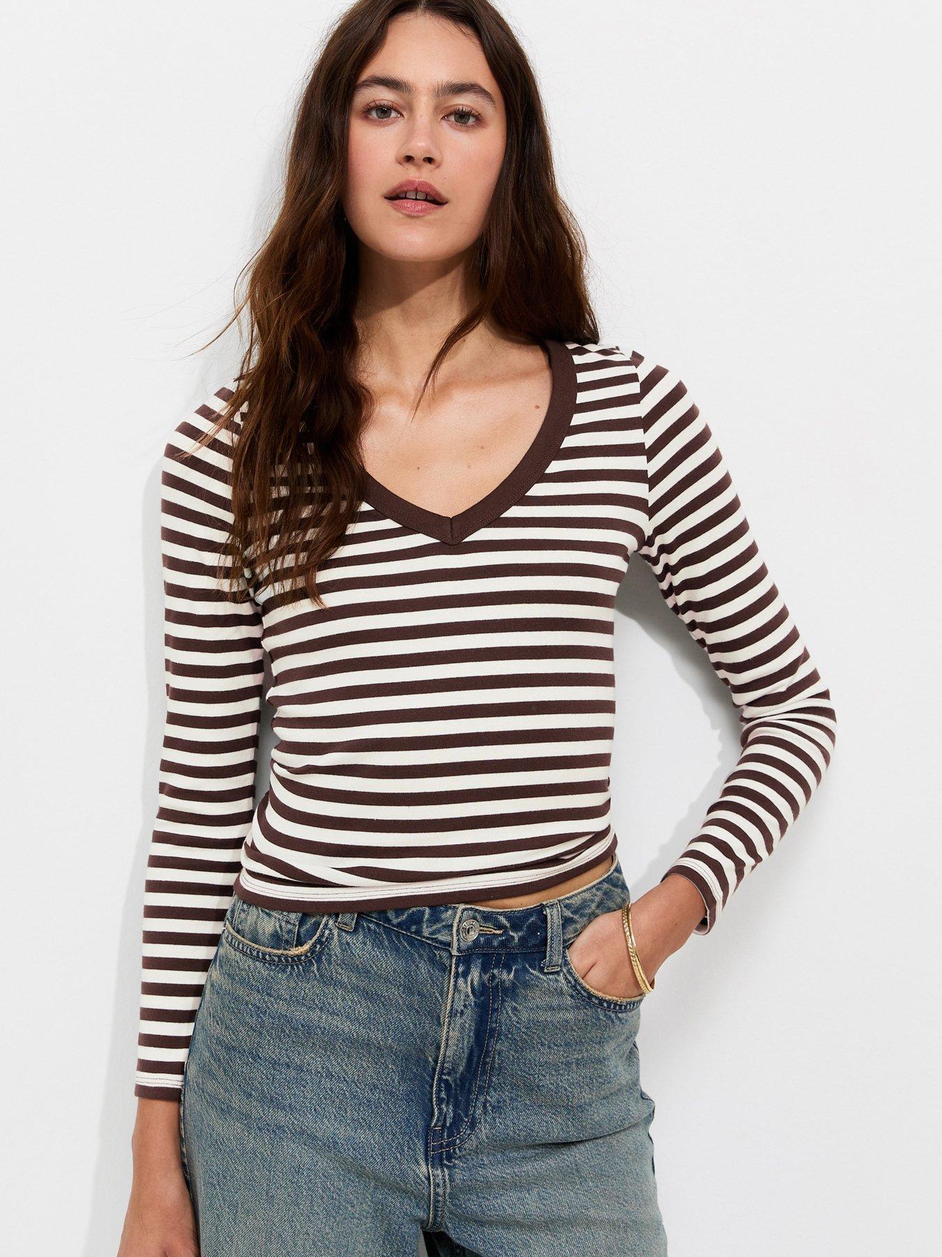 New Look Cotton Rich Striped Long Sleeve V-Neck Top - Brown