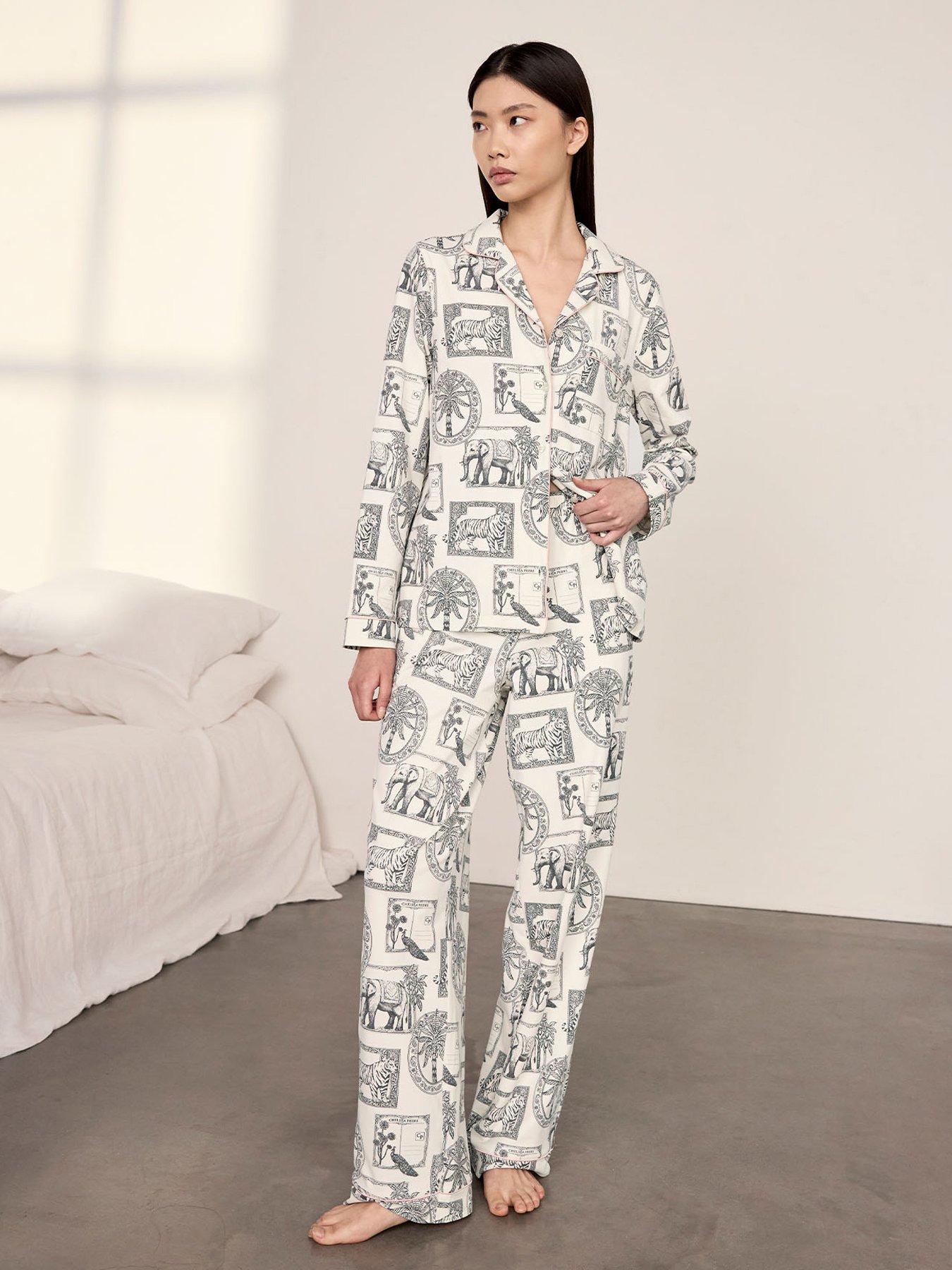 CHELSEA PEERS Chelsea Peers Cotton Safari Stamp Print Long Pyjama Set - White