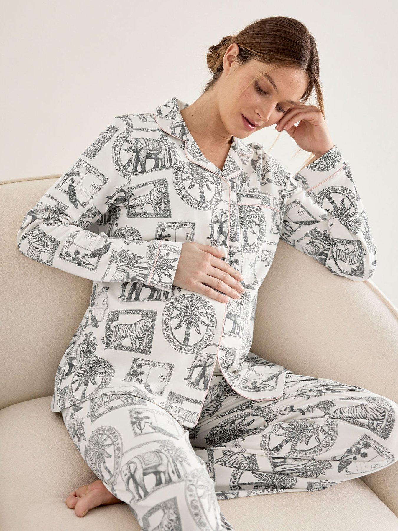 CHELSEA PEERS Maternity Cotton Safari Stamp Print Long Pyjama Set - White