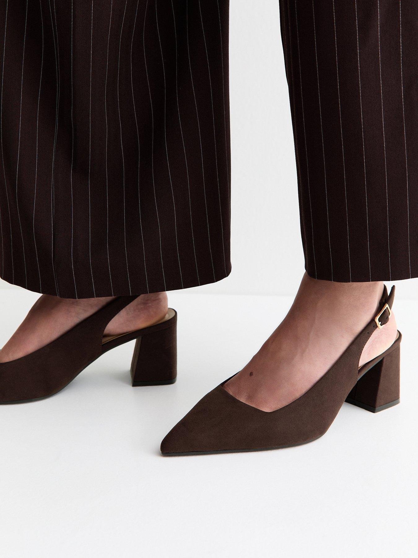 New Look Wide Fit Dark Brown Faux Suede Block Heel Slingback Pumps