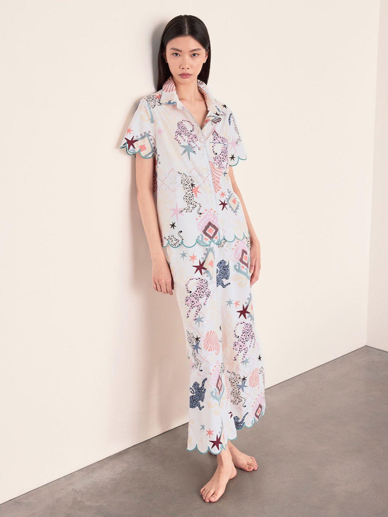 Image 1 of 6 of CHELSEA PEERS Organic Cotton Bohemian Leopard Print Long Pyjama Set - Off White