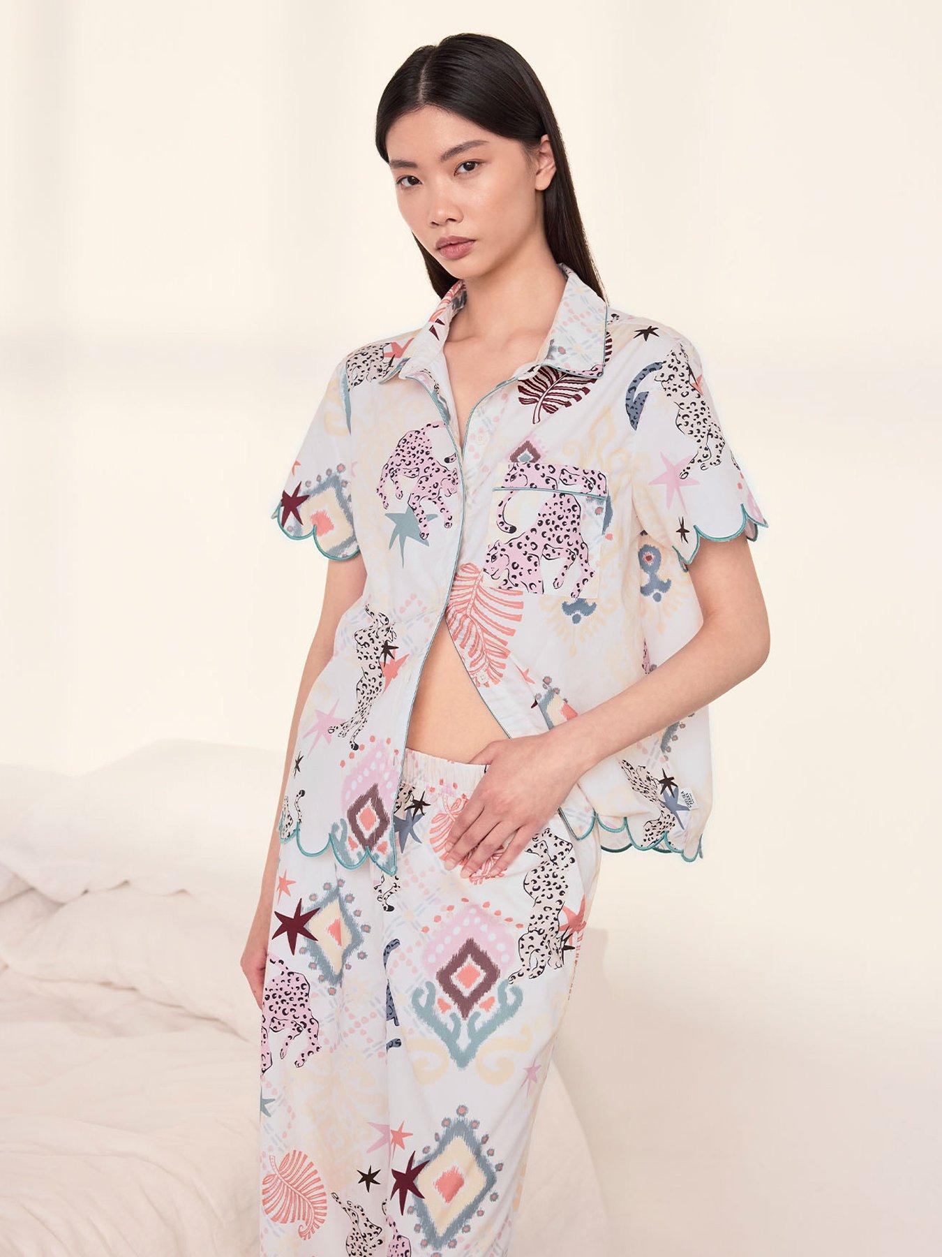 Image 4 of 6 of CHELSEA PEERS Organic Cotton Bohemian Leopard Print Long Pyjama Set - Off White