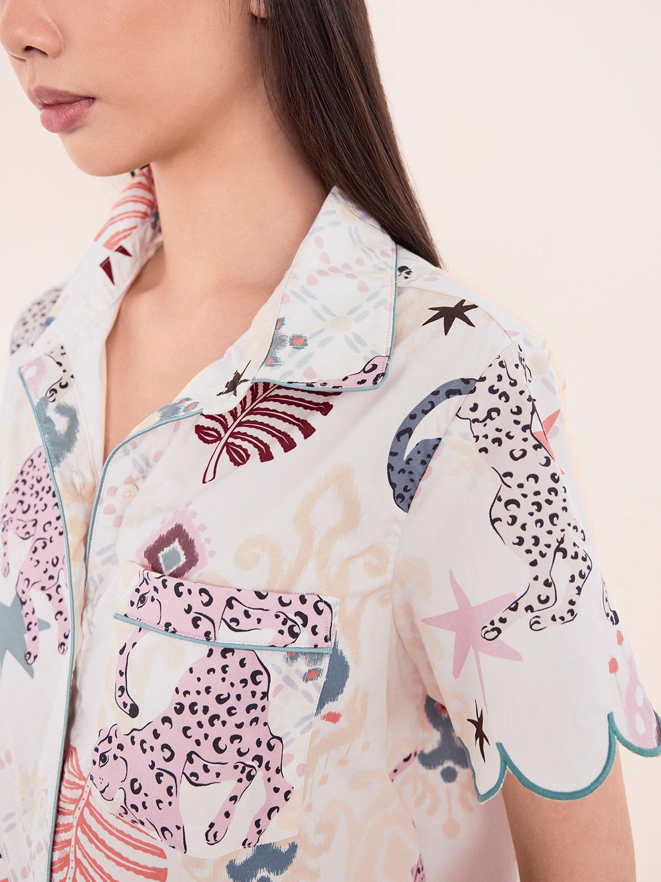 Image 5 of 6 of CHELSEA PEERS Organic Cotton Bohemian Leopard Print Long Pyjama Set - Off White