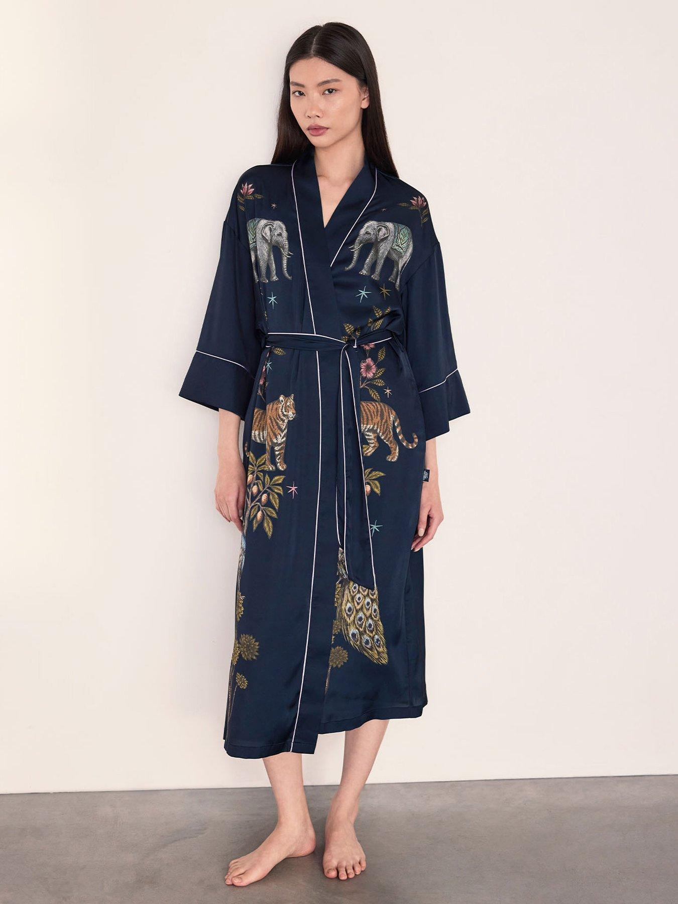 CHELSEA PEERS Satin Moonlight Safari Print Kimono Dressing Gown - Navy