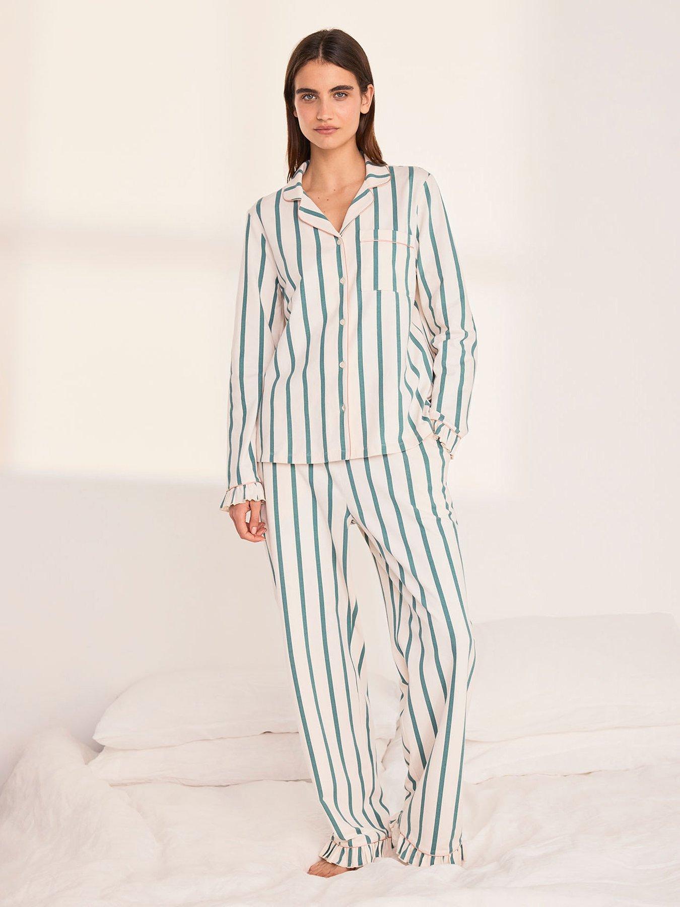 CHELSEA PEERS Chelsea Peers Organic Cotton Stripe Frill Long Pyjama Set - Green