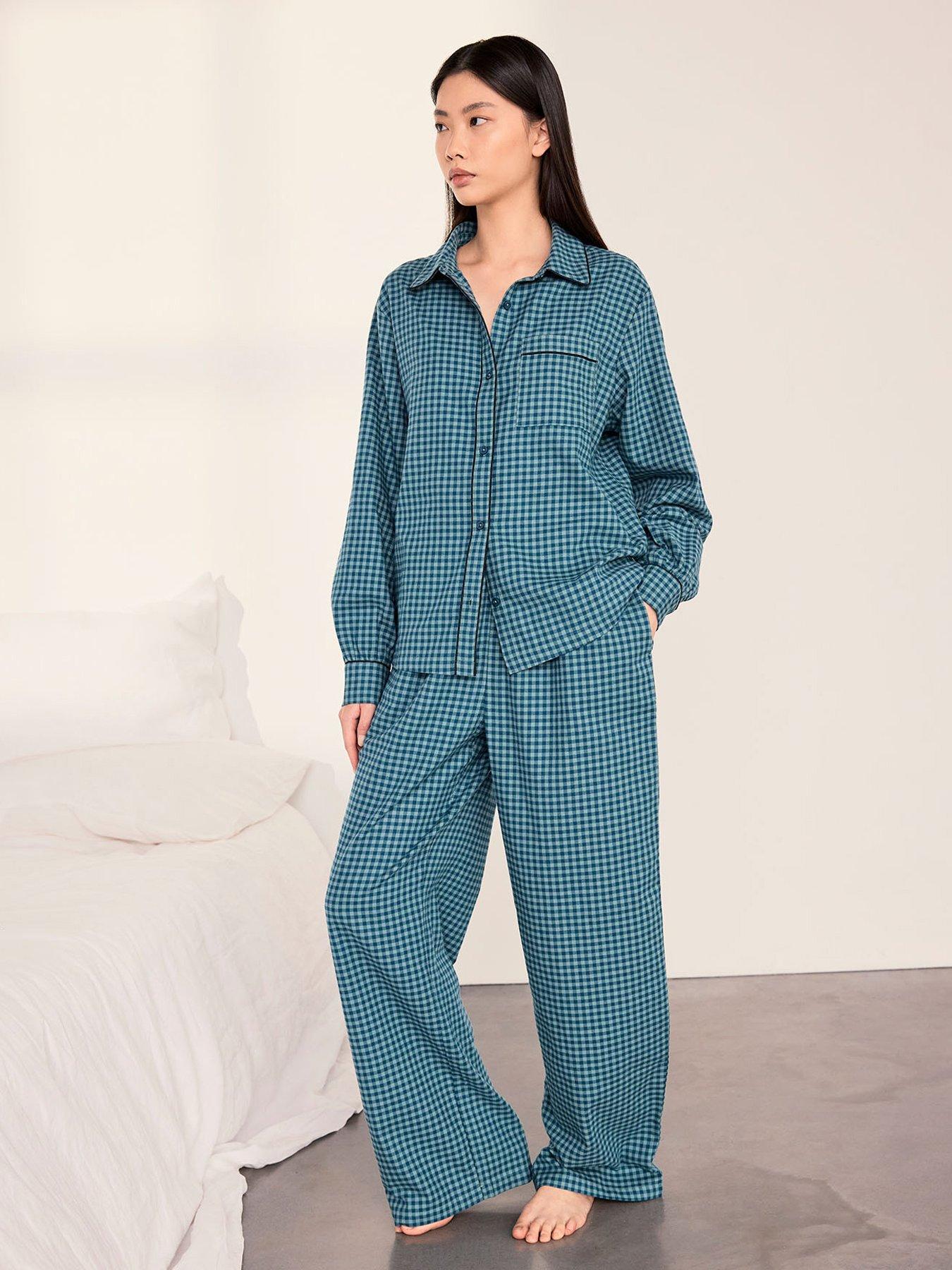 Image 1 of 6 of CHELSEA PEERS Organic Cotton Gingham Check Long Pyjama Set - Teal