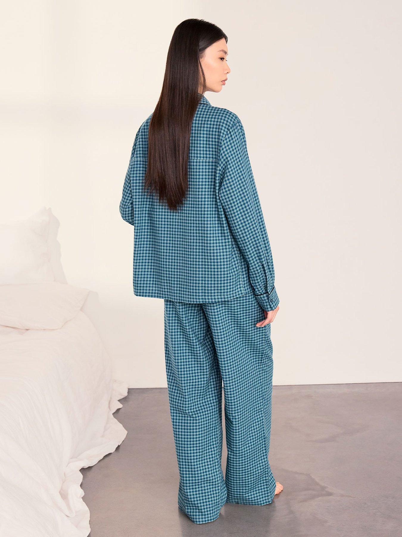 Image 2 of 6 of CHELSEA PEERS Organic Cotton Gingham Check Long Pyjama Set - Teal