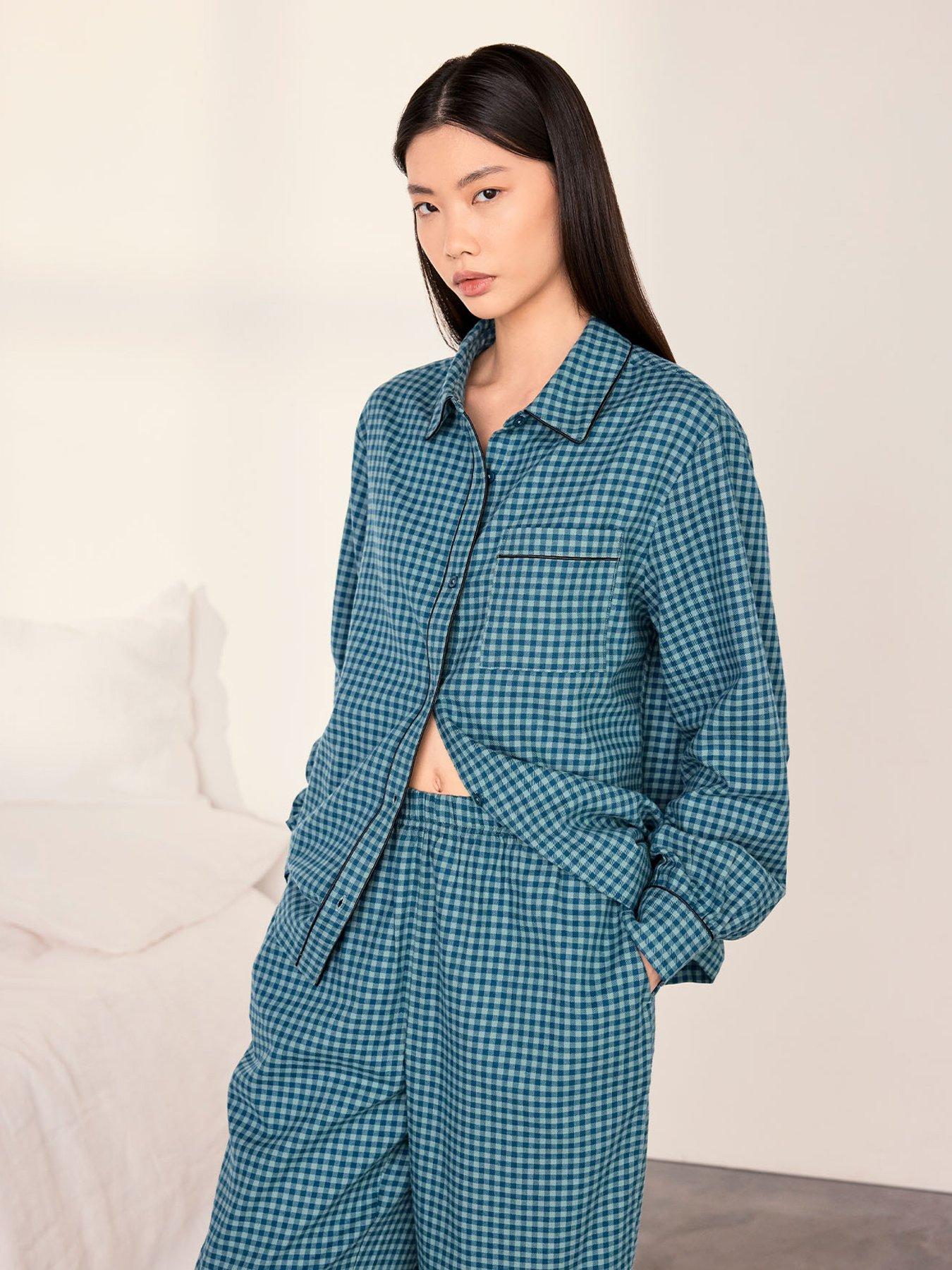 Image 3 of 6 of CHELSEA PEERS Organic Cotton Gingham Check Long Pyjama Set - Teal