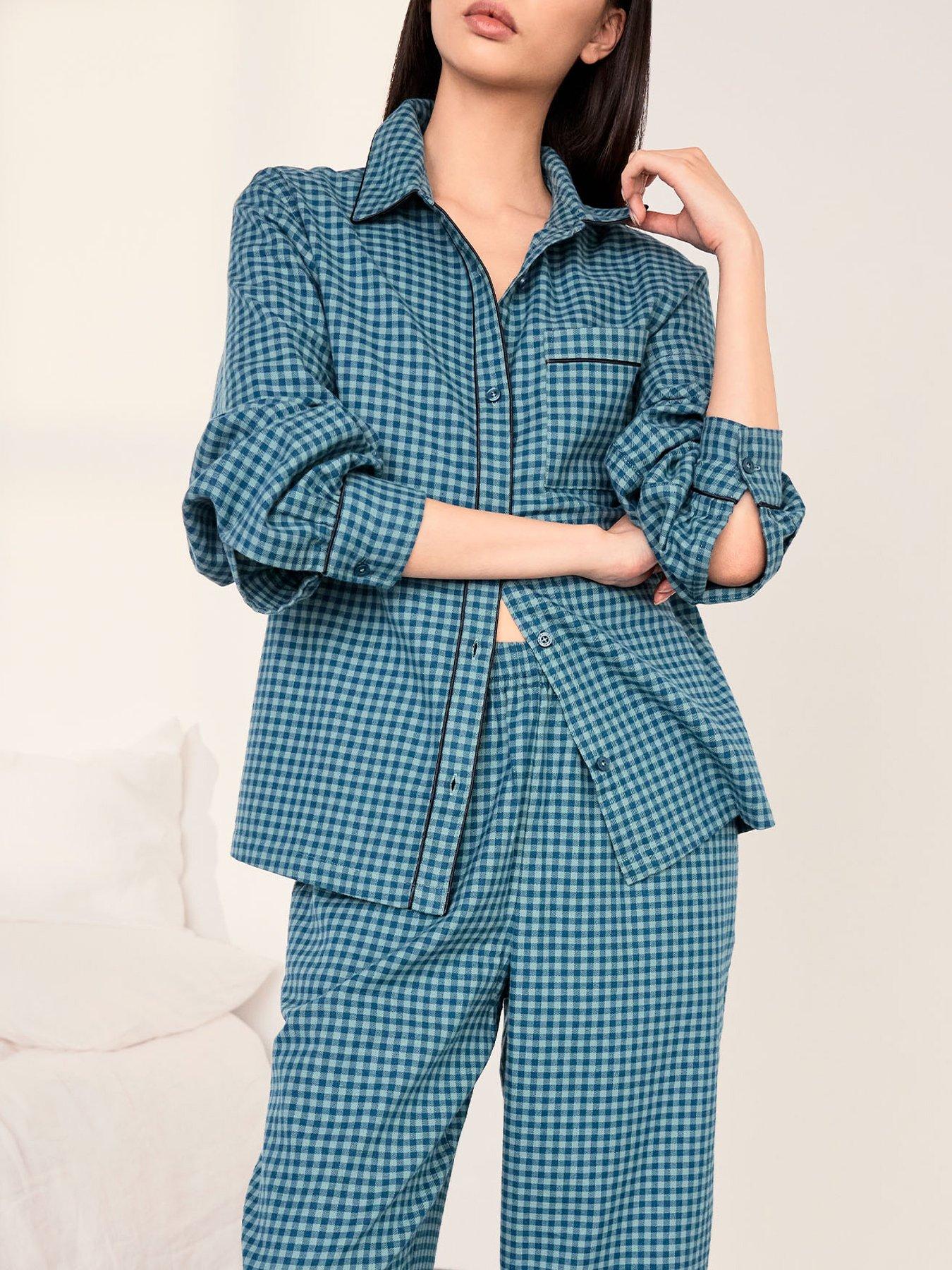 Image 4 of 6 of CHELSEA PEERS Organic Cotton Gingham Check Long Pyjama Set - Teal
