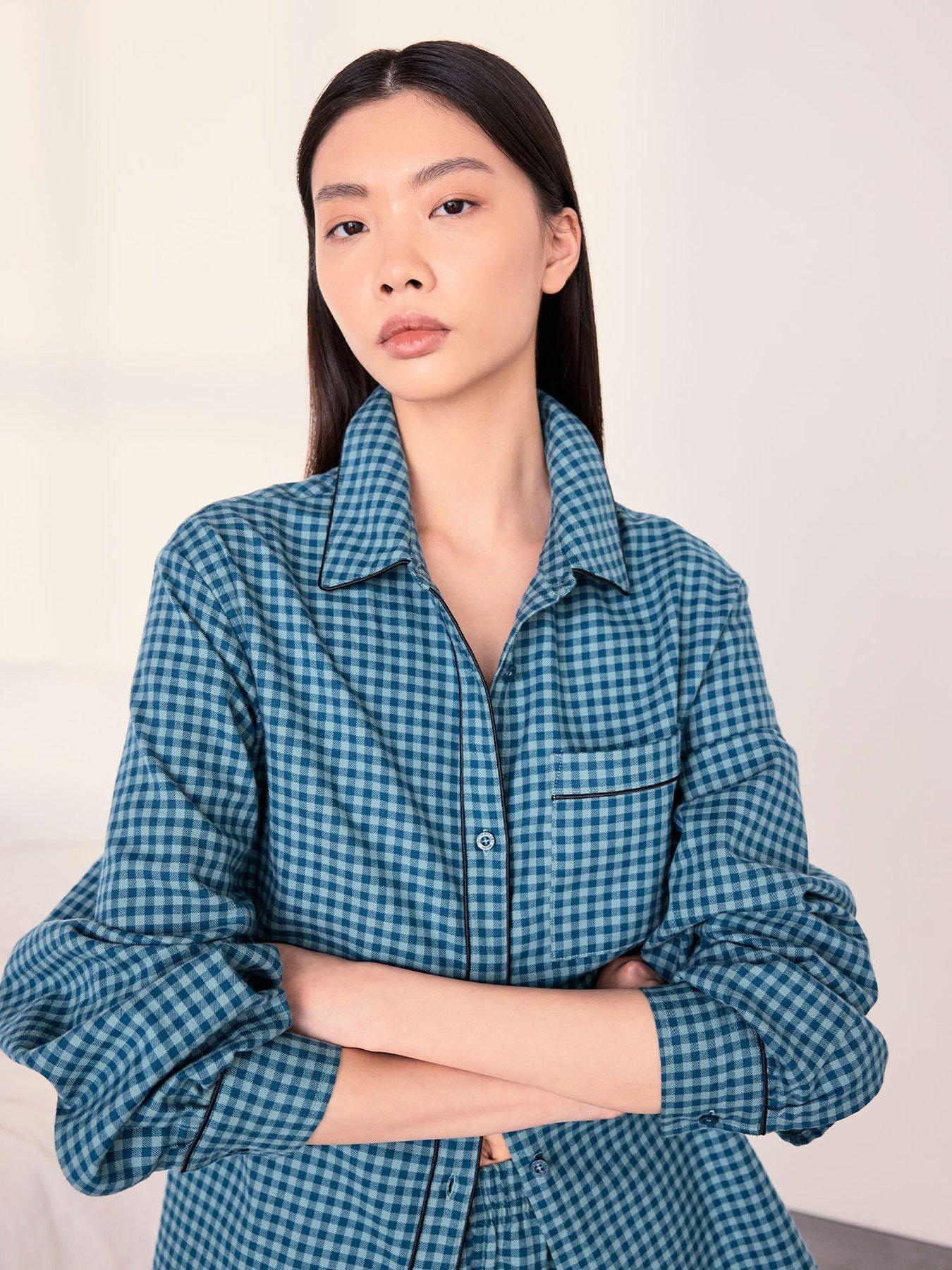 Image 5 of 6 of CHELSEA PEERS Organic Cotton Gingham Check Long Pyjama Set - Teal