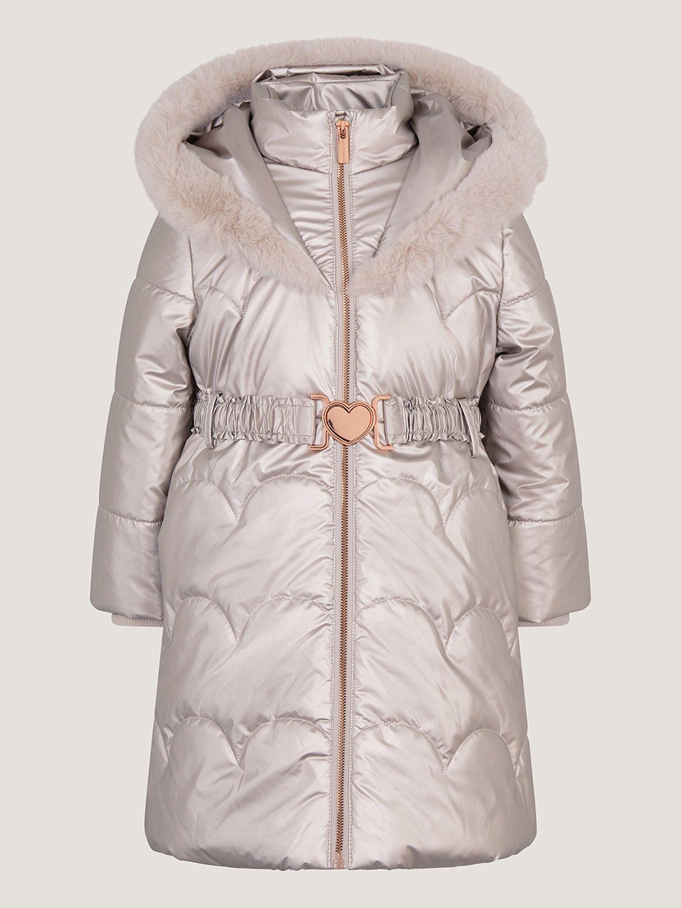 Monsoon Girls Long Line Metallic Champagne Quilted Coat - Cream