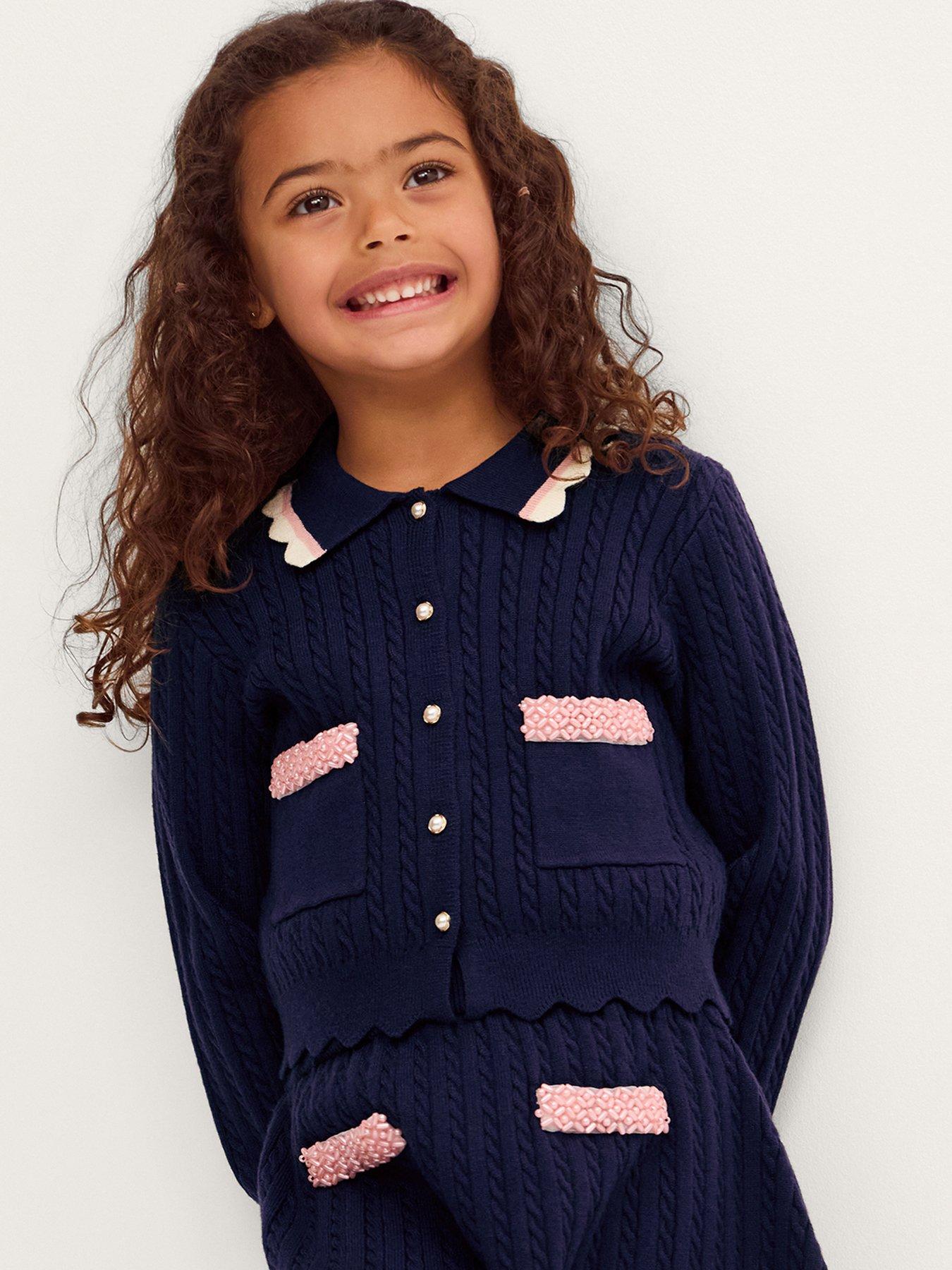 Monsoon Girls Encrusted Cable Knit Co-ord Cardigan - Navy