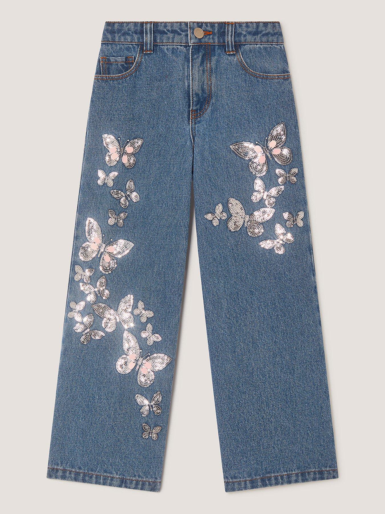 Monsoon Girls Butterfly Sequin Denim Jeans - Blue