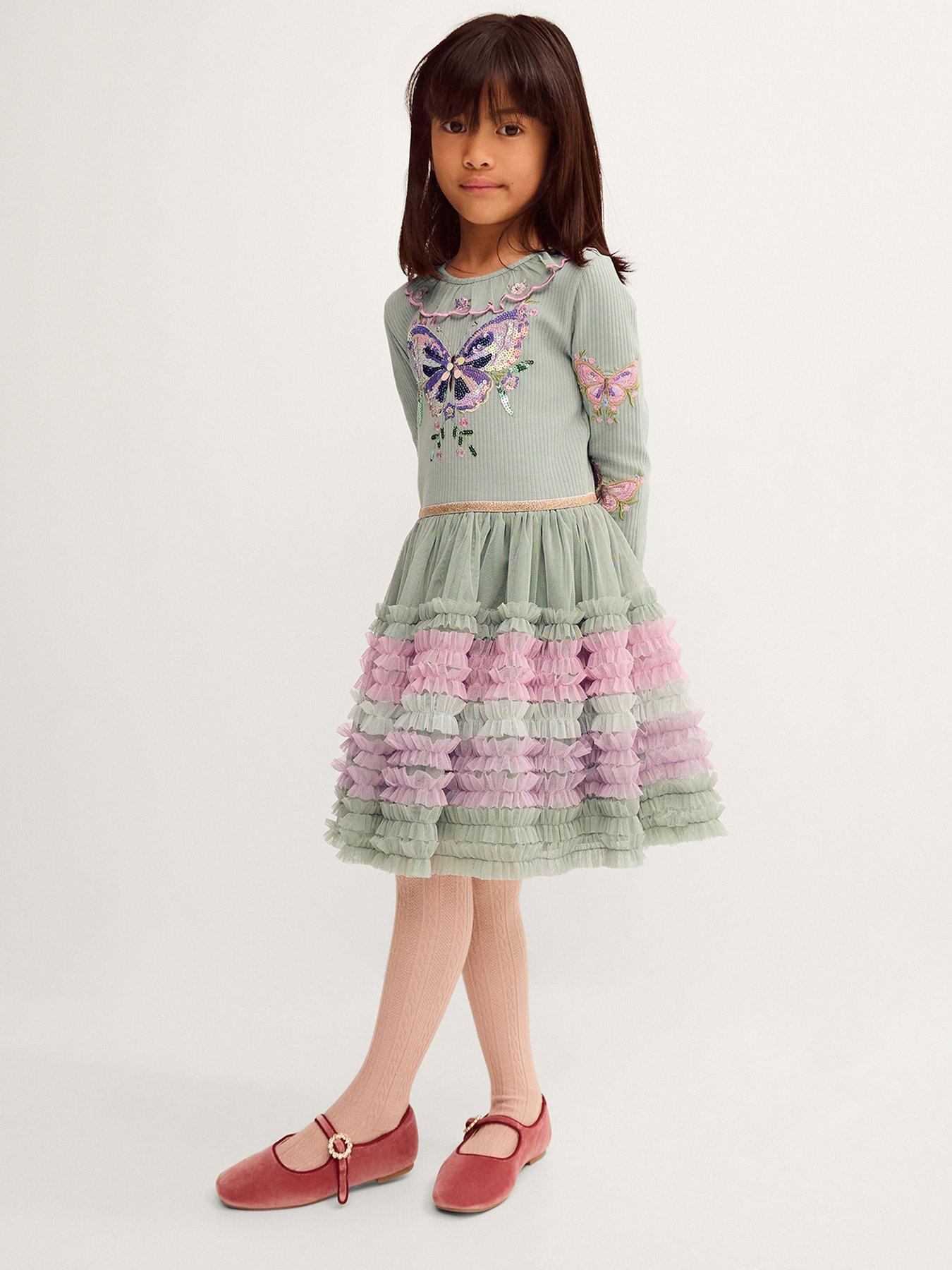 Monsoon Girls Butterfly Sequin Ruffle Dress - Green