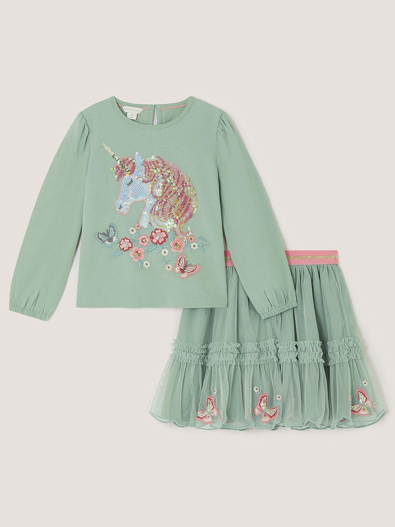 Monsoon Girls Unicorn Sequin Top  &  Skirt Set - Green