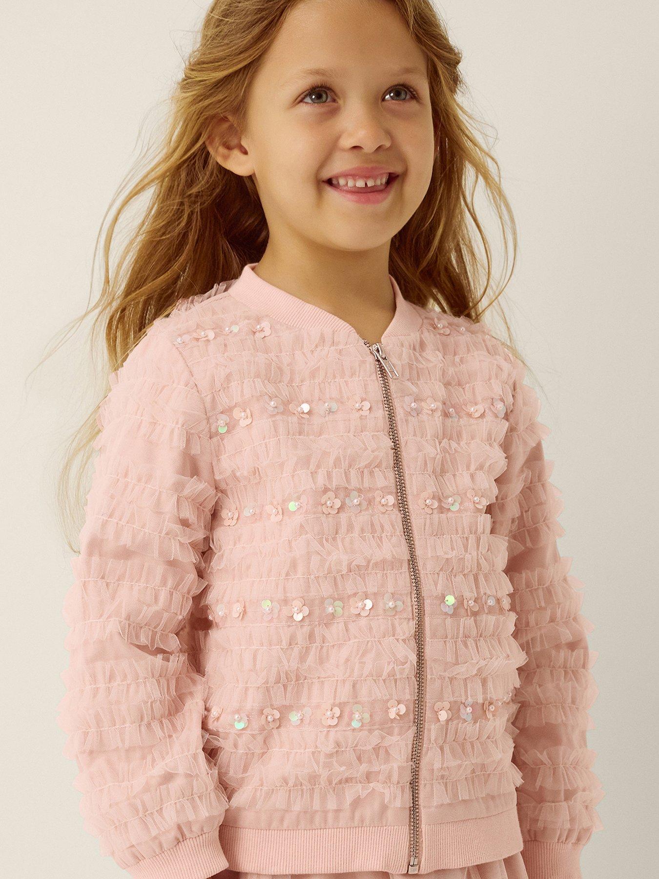 Monsoon Girls Carolyn Ruffle Embroidered Co-ord Bomber Jacket - Pink