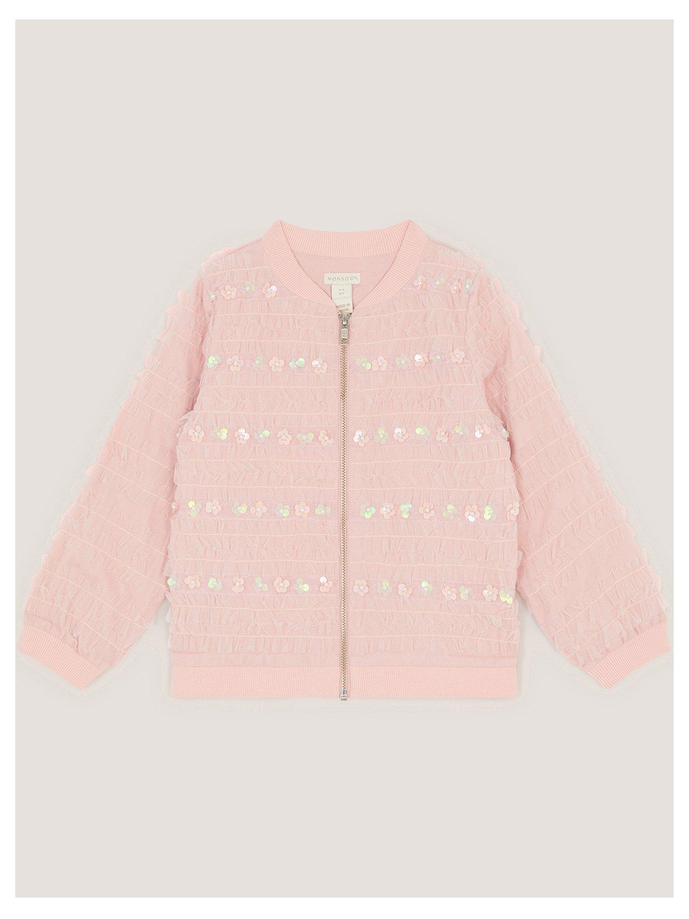 Image 2 of 4 of Monsoon Girls Carolyn Ruffle Embroidered Co-ord Bomber Jacket - Pink