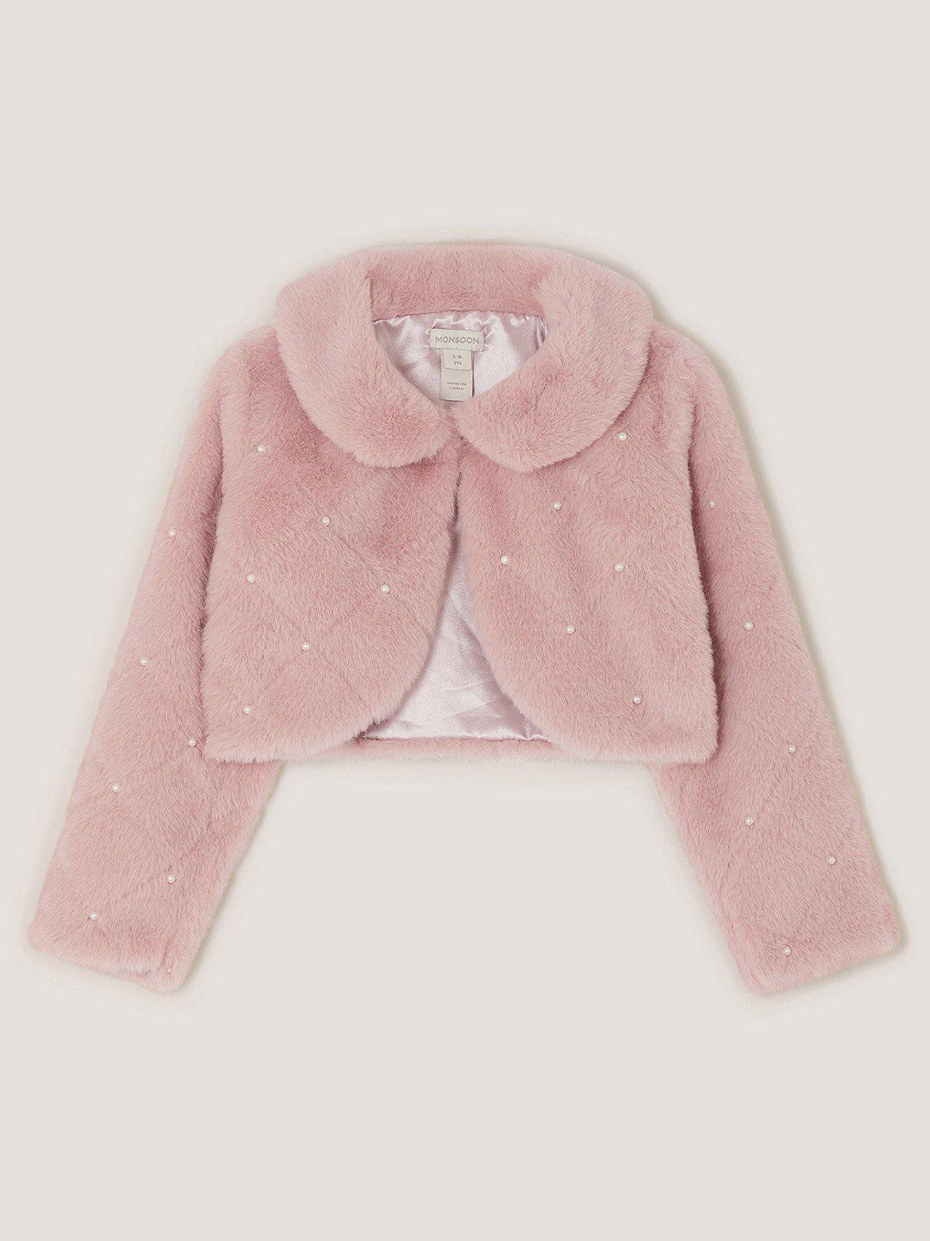 Monsoon Girls Posie Pearl Faux Fur Collared Cardigan - Pink