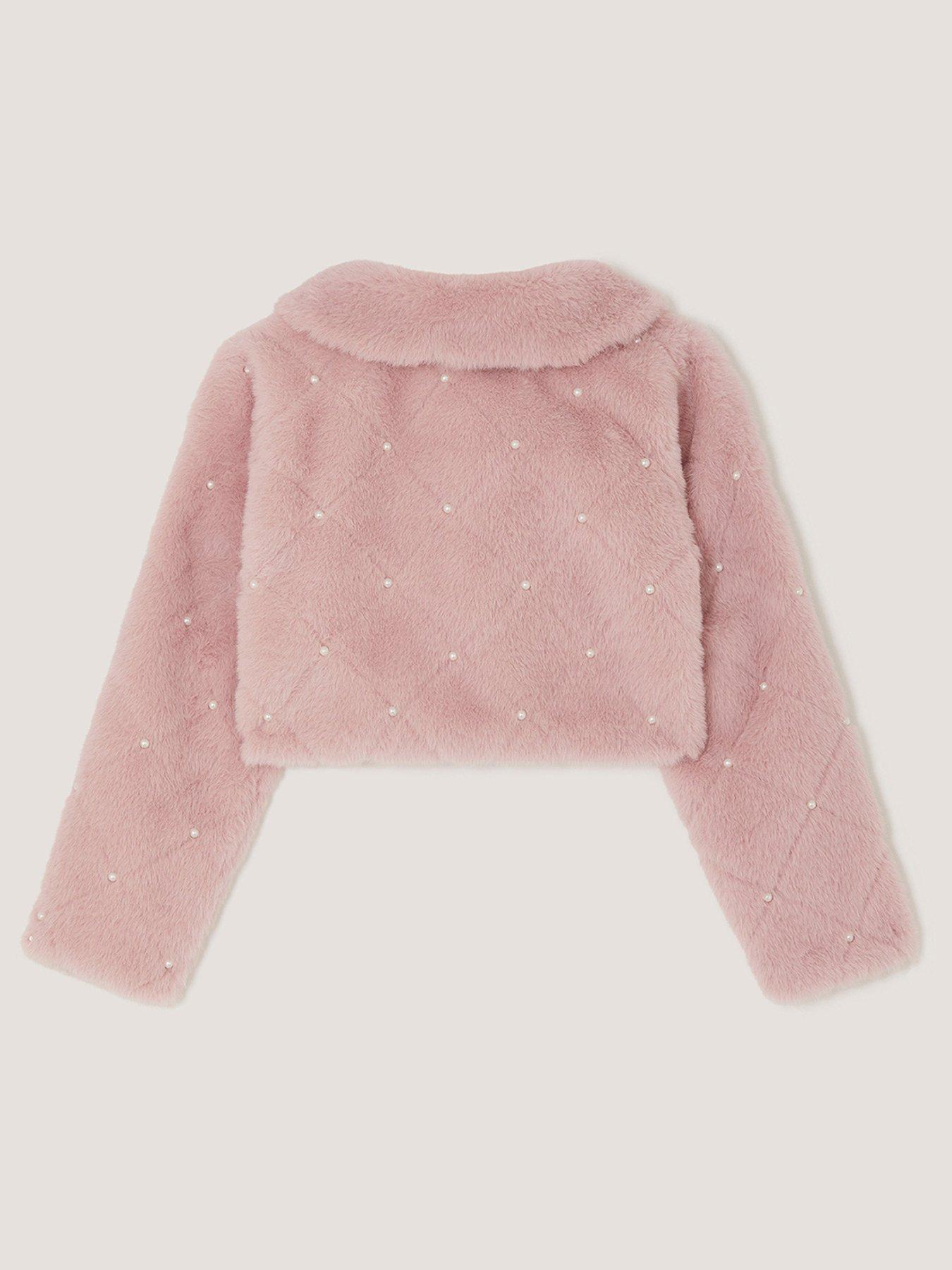 Image 2 of 3 of Monsoon Girls Posie Pearl Faux Fur Collared Cardigan - Pink