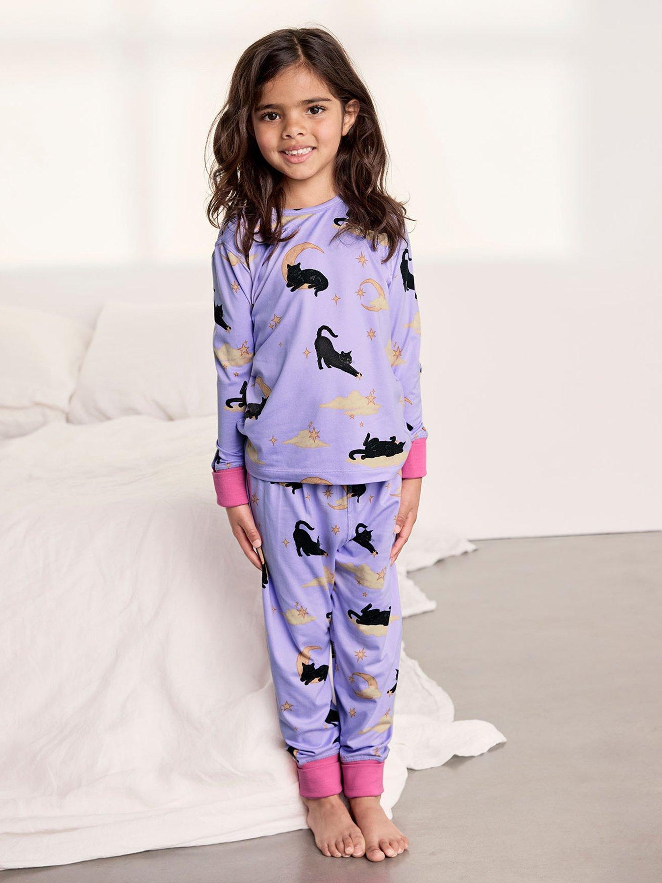 Image 1 of 6 of CHELSEA PEERS Unisex Kids Halloween Cat Print Long Pyjama Set - Light Purple
