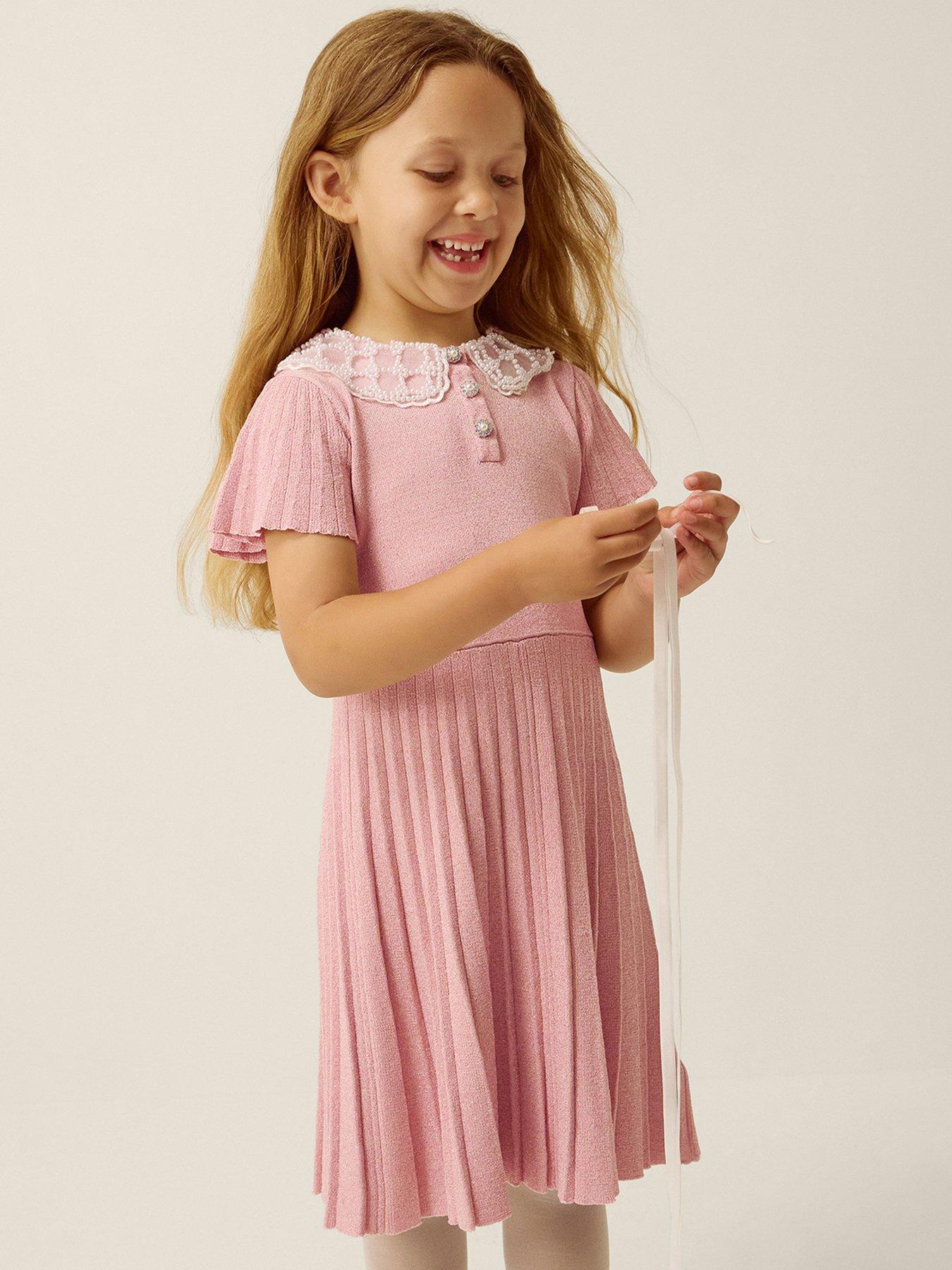 Monsoon Girls Maude Knitted Collar Dress - Pale Pink