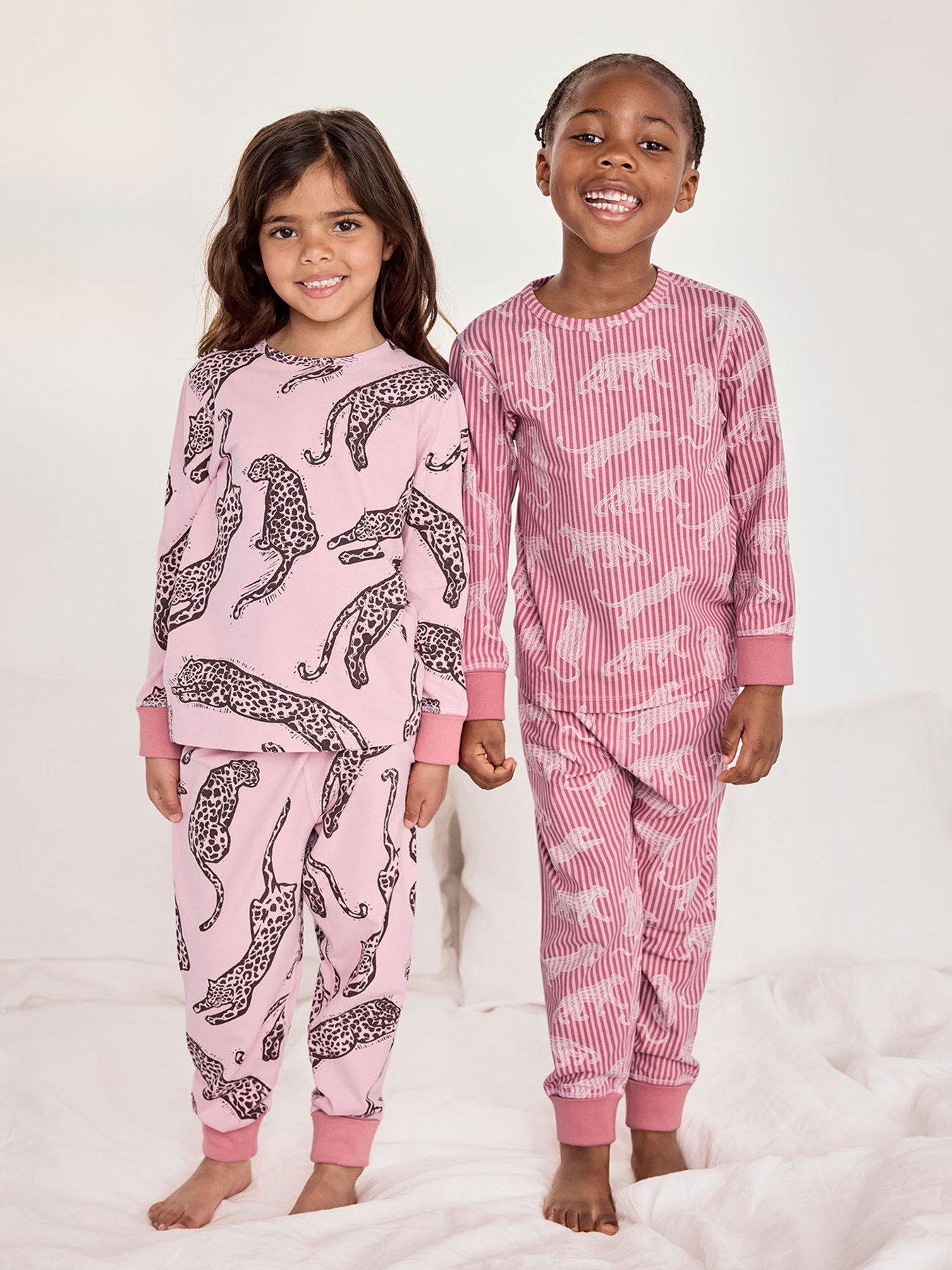 Image 1 of 6 of CHELSEA PEERS Unisex Kids 2 Pack Leopard Stripe Print Long Pyjama Set - Pink