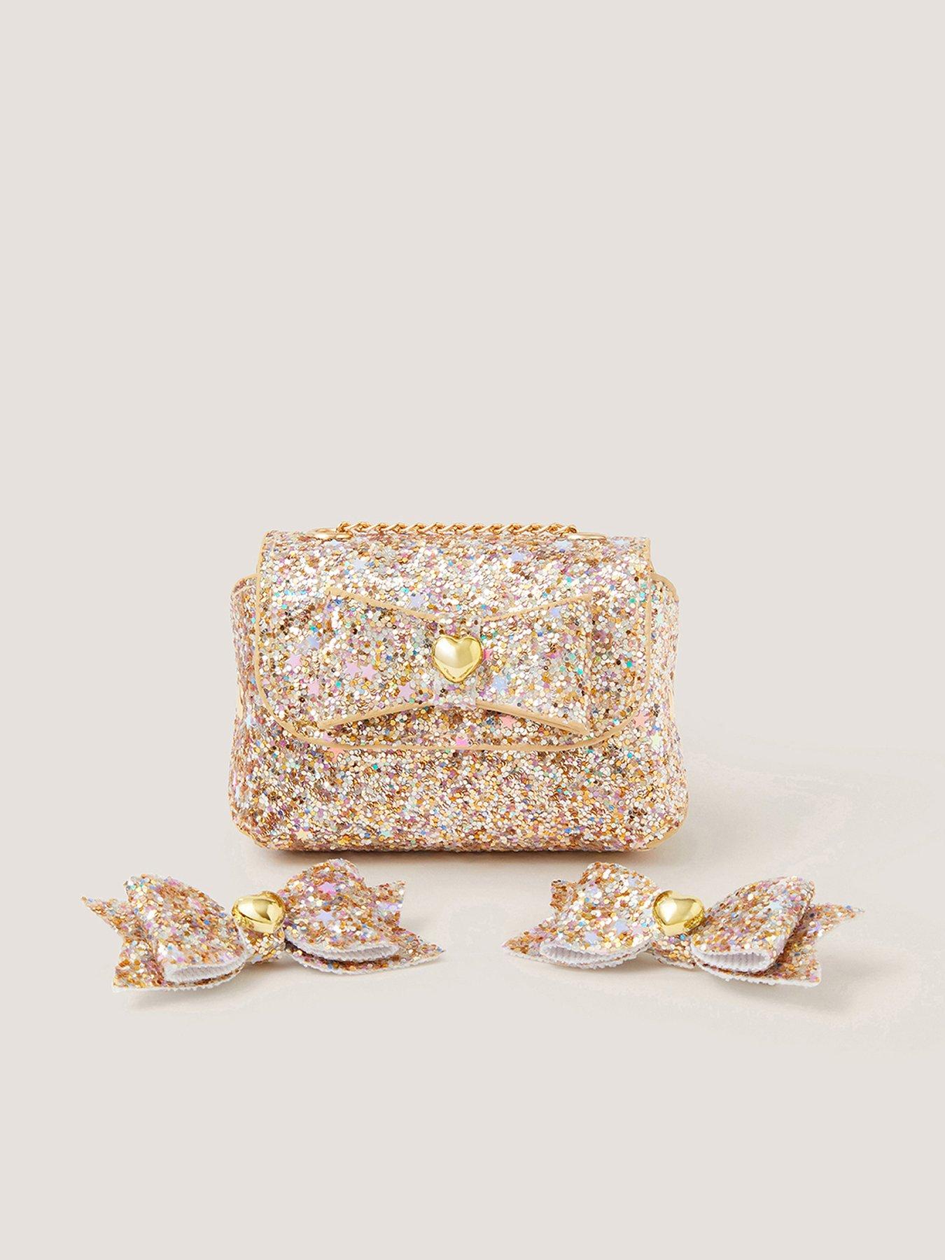 Monsoon Girls' Glitter Bow Mini Crossbody Bag and 2 Hair Clips Set - Gold