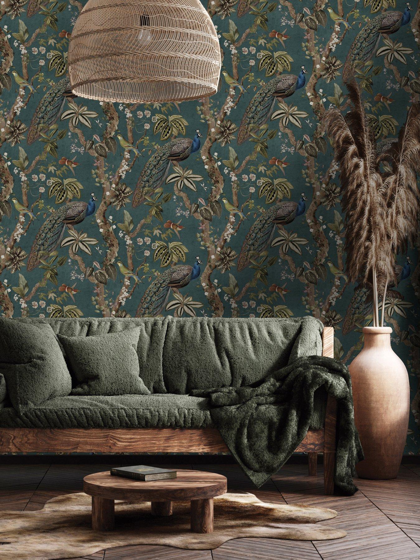 Image 1 of 6 of Holden Decor Peacock Woods Aqua Wallpaper