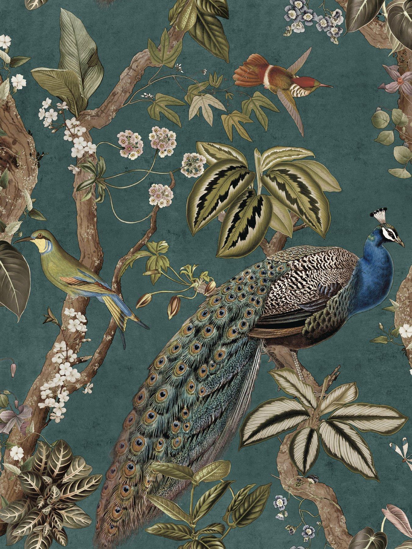 Image 2 of 6 of Holden Decor Peacock Woods Aqua Wallpaper
