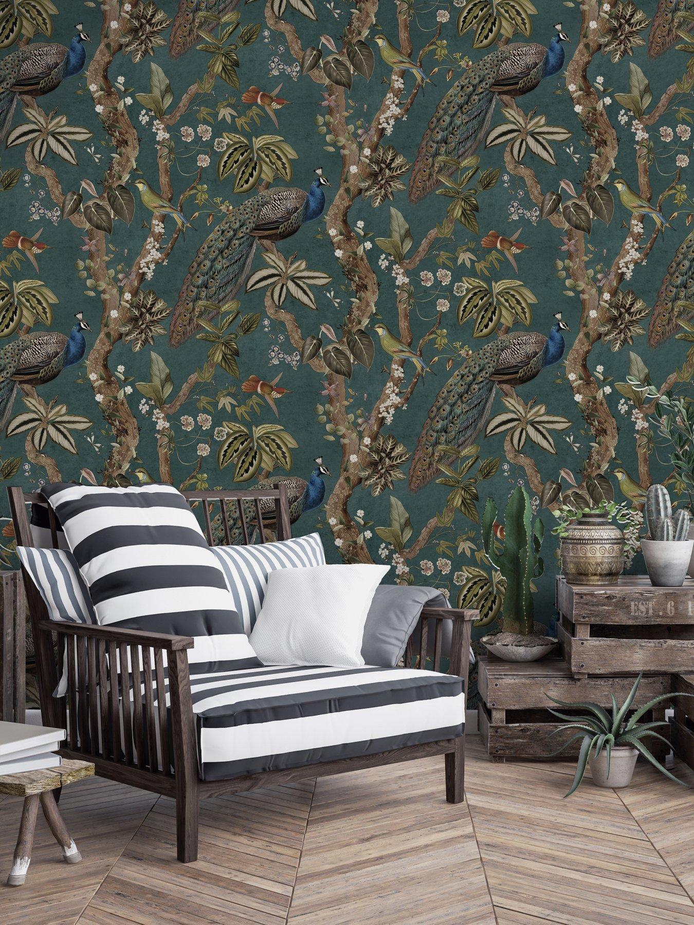 Image 3 of 6 of Holden Decor Peacock Woods Aqua Wallpaper
