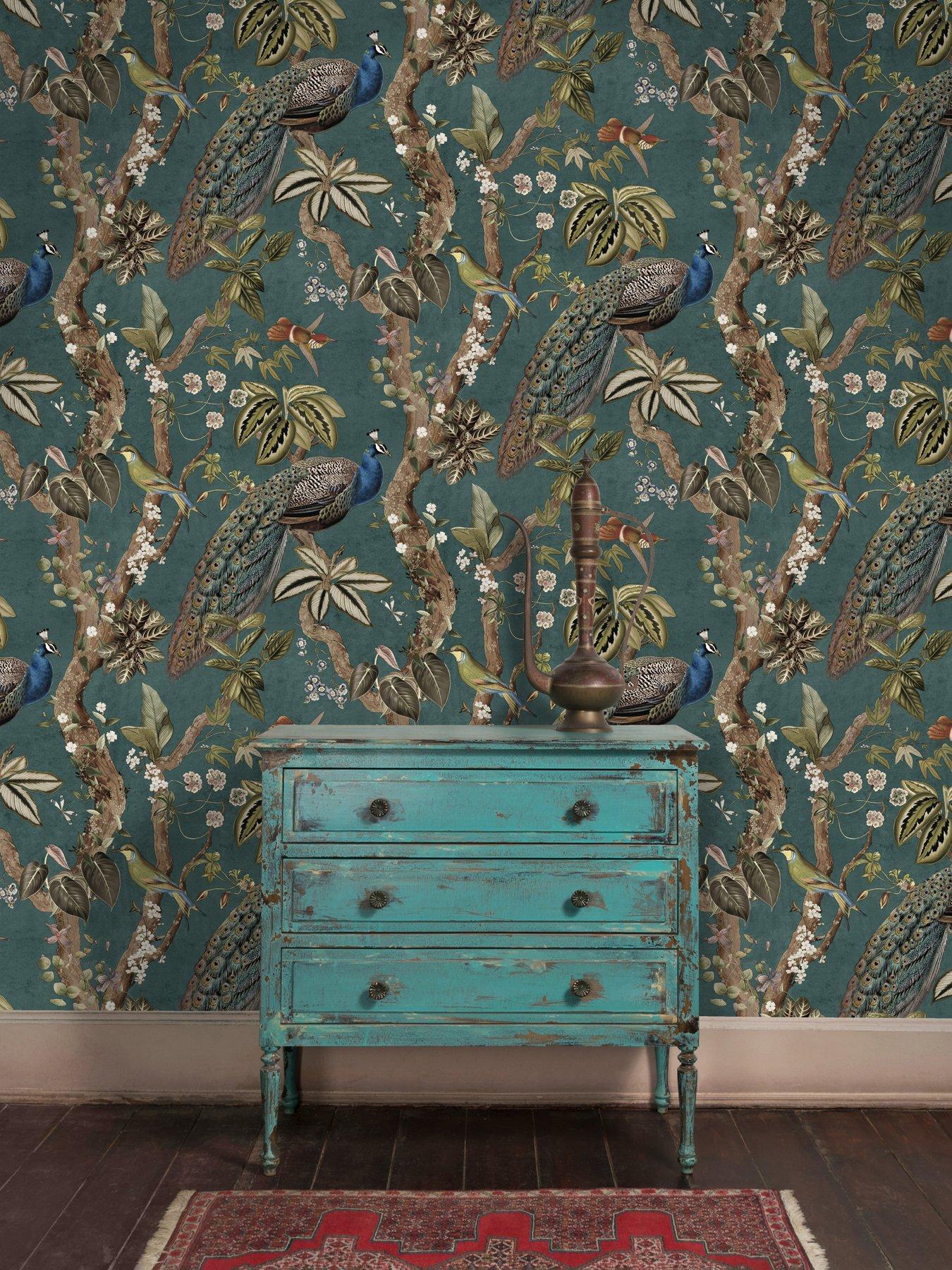 Image 4 of 6 of Holden Decor Peacock Woods Aqua Wallpaper