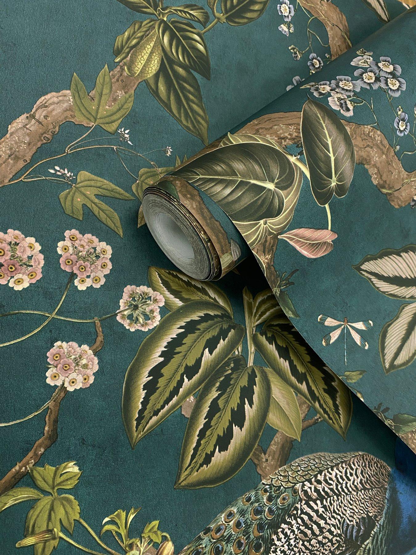 Image 6 of 6 of Holden Decor Peacock Woods Aqua Wallpaper