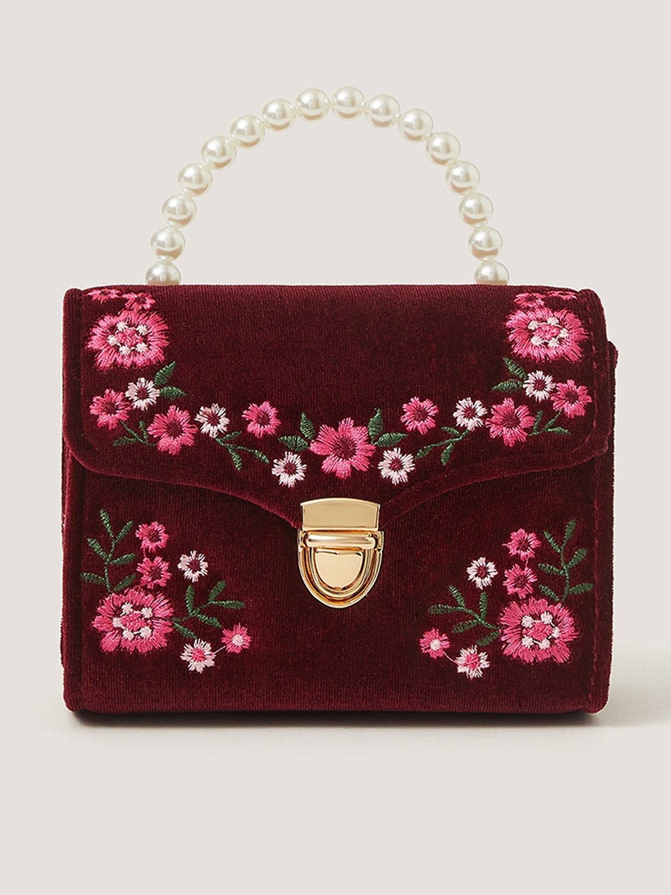 Image 1 of 4 of Monsoon Girls Embroidered Velvet Clasp Bag - Burgundy