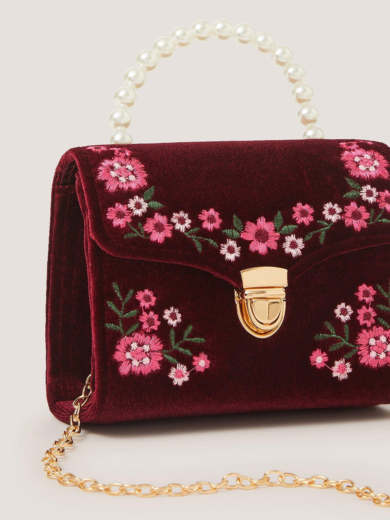 Image 3 of 4 of Monsoon Girls Embroidered Velvet Clasp Bag - Burgundy