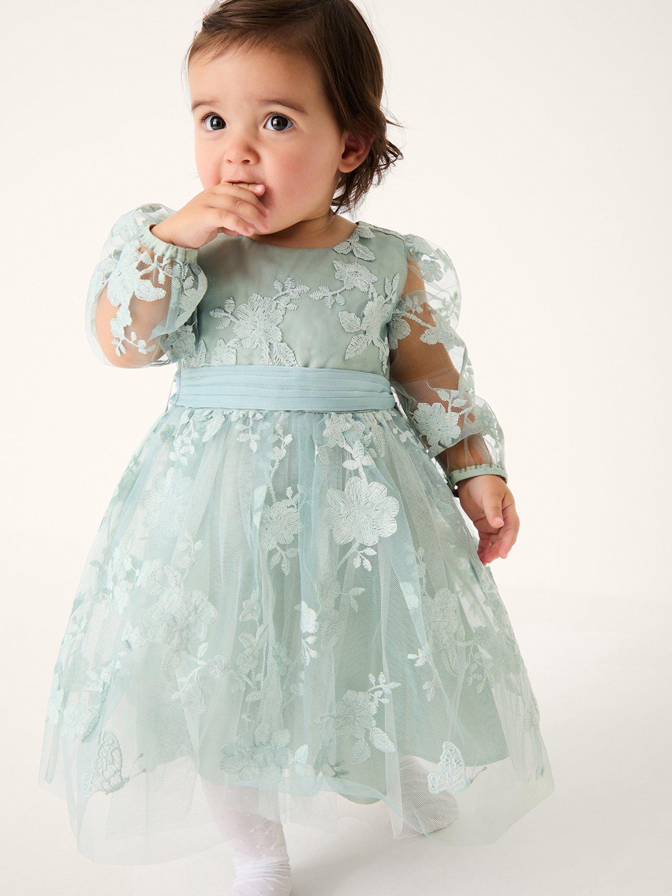Image 1 of 4 of Monsoon Baby Girls Beatrice Long Sleeve Embroidered Dress - Sage
