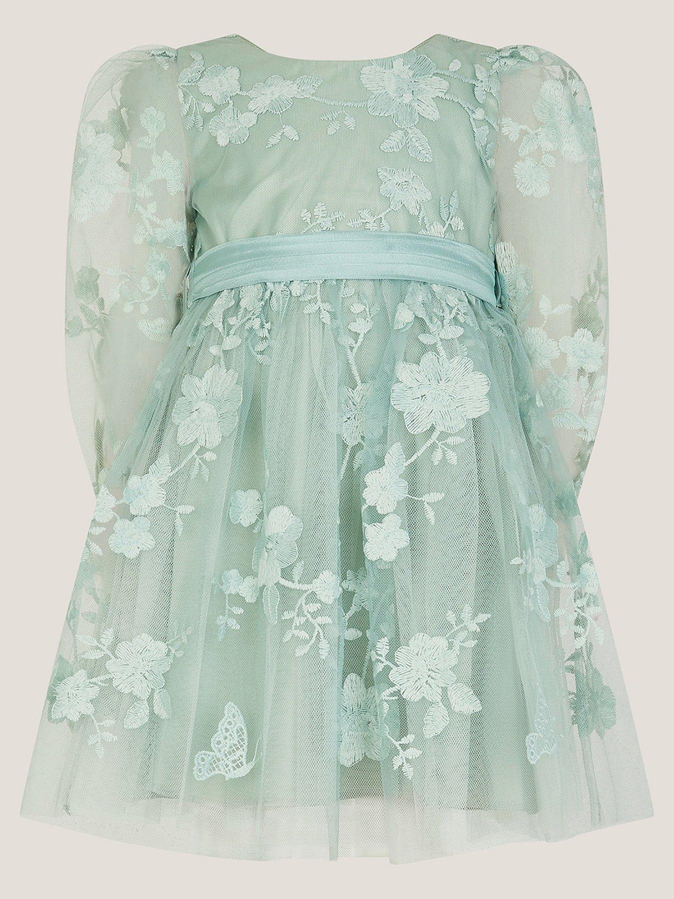 Image 2 of 4 of Monsoon Baby Girls Beatrice Long Sleeve Embroidered Dress - Sage