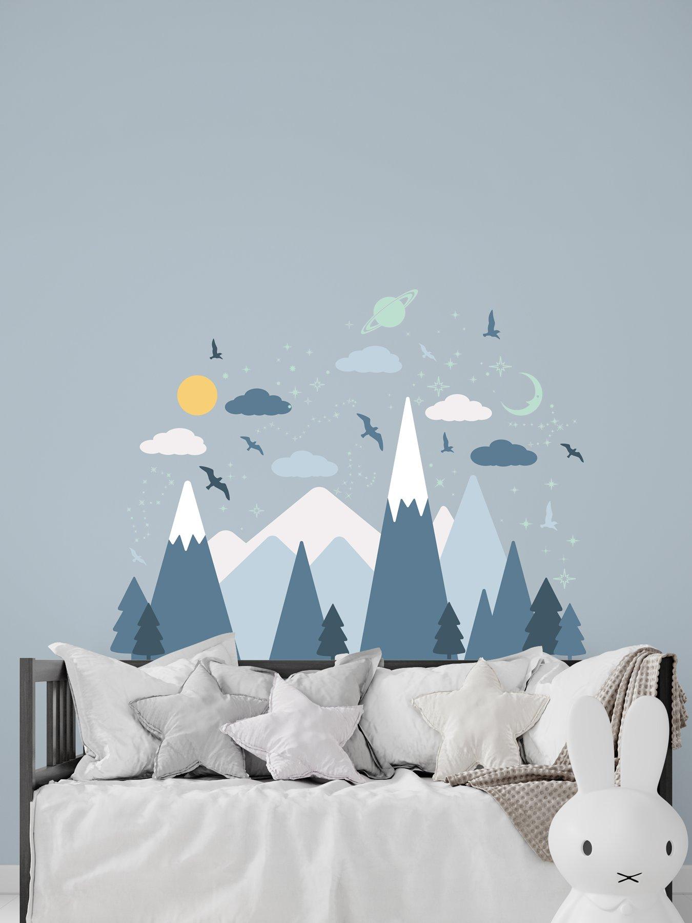 Walplus Blue Mountains Under Glowing Sky Wall Sticker Set With Stars And Clouds For Kids Room Decor