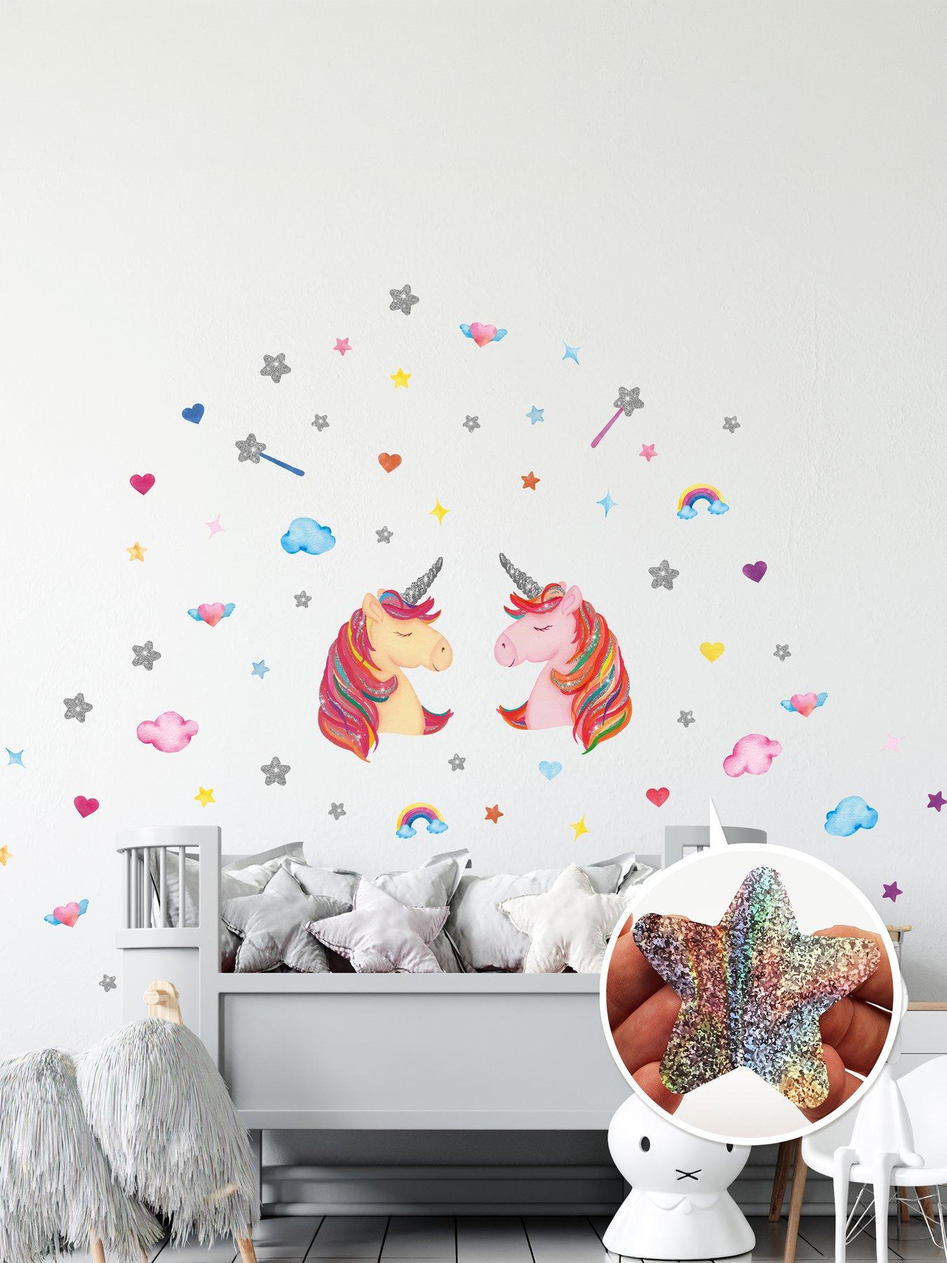 Walplus Watercolour Unicorns With Glitter Stars Wall Stickers For Girls Bedroom Nursery Decor