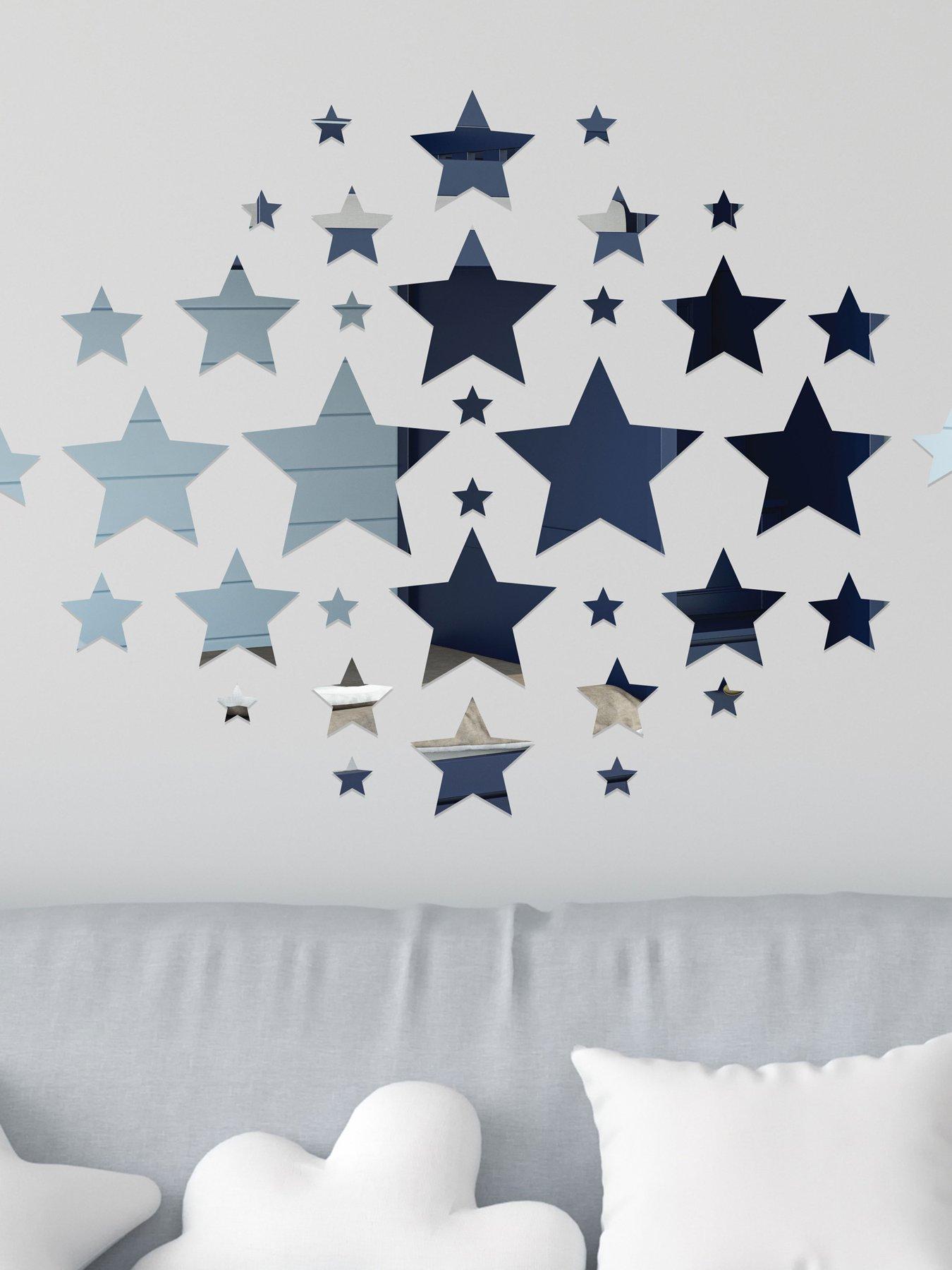 Walplus Silver Stars Mirror Art Wall Stickers 34pcs Acrylic Effect Bedroom Nursery Decor